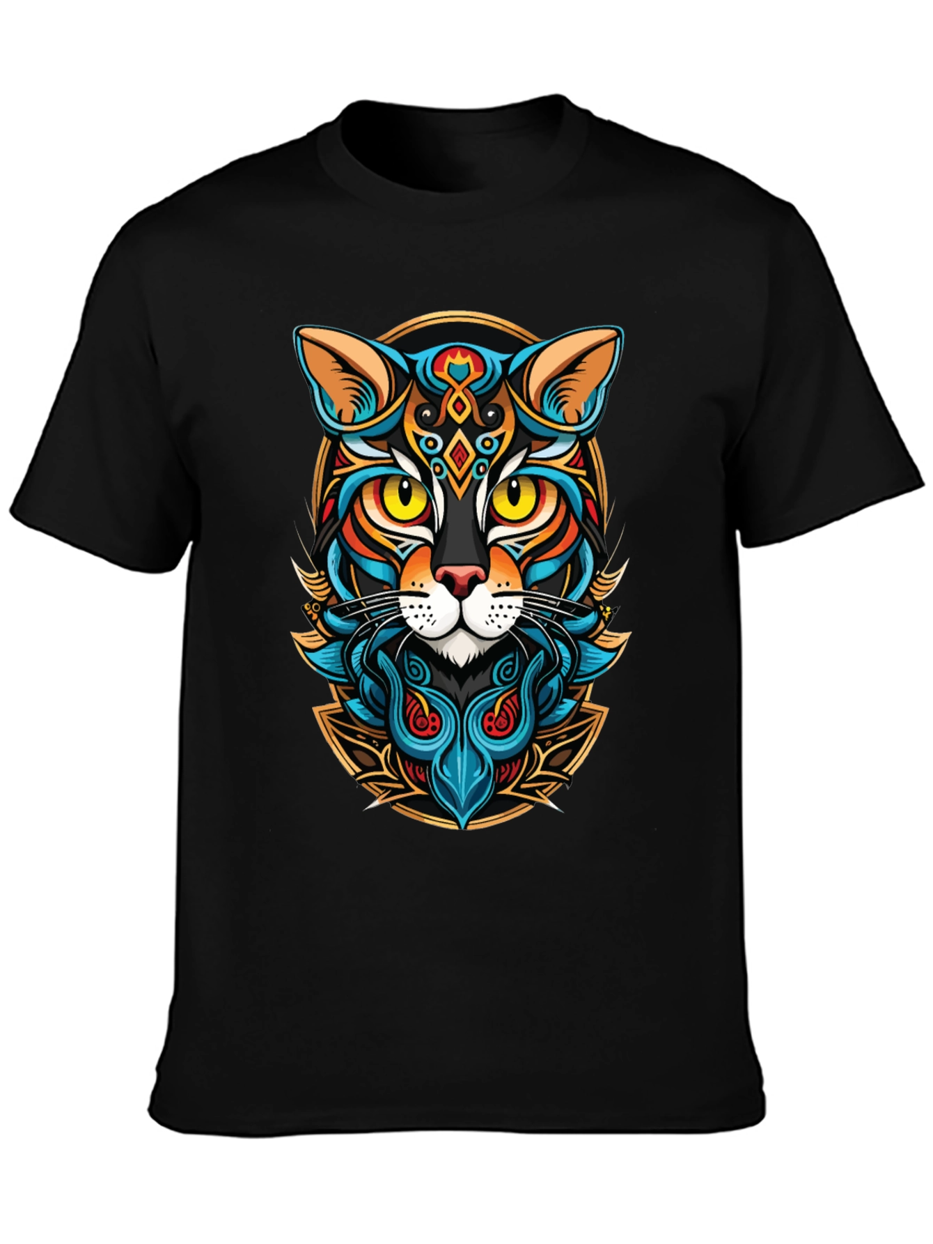 Artistic Cat Graphic Black T-Shirt