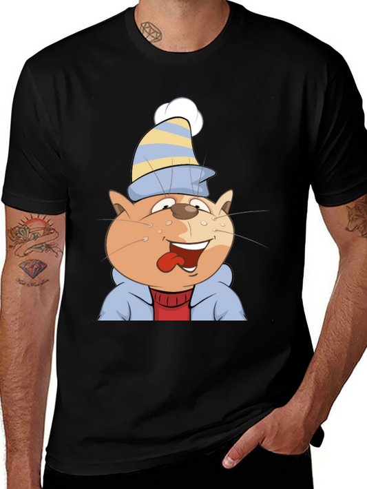 Cartoon Cat Graphic Tee - Black Cotton Casual Shirt