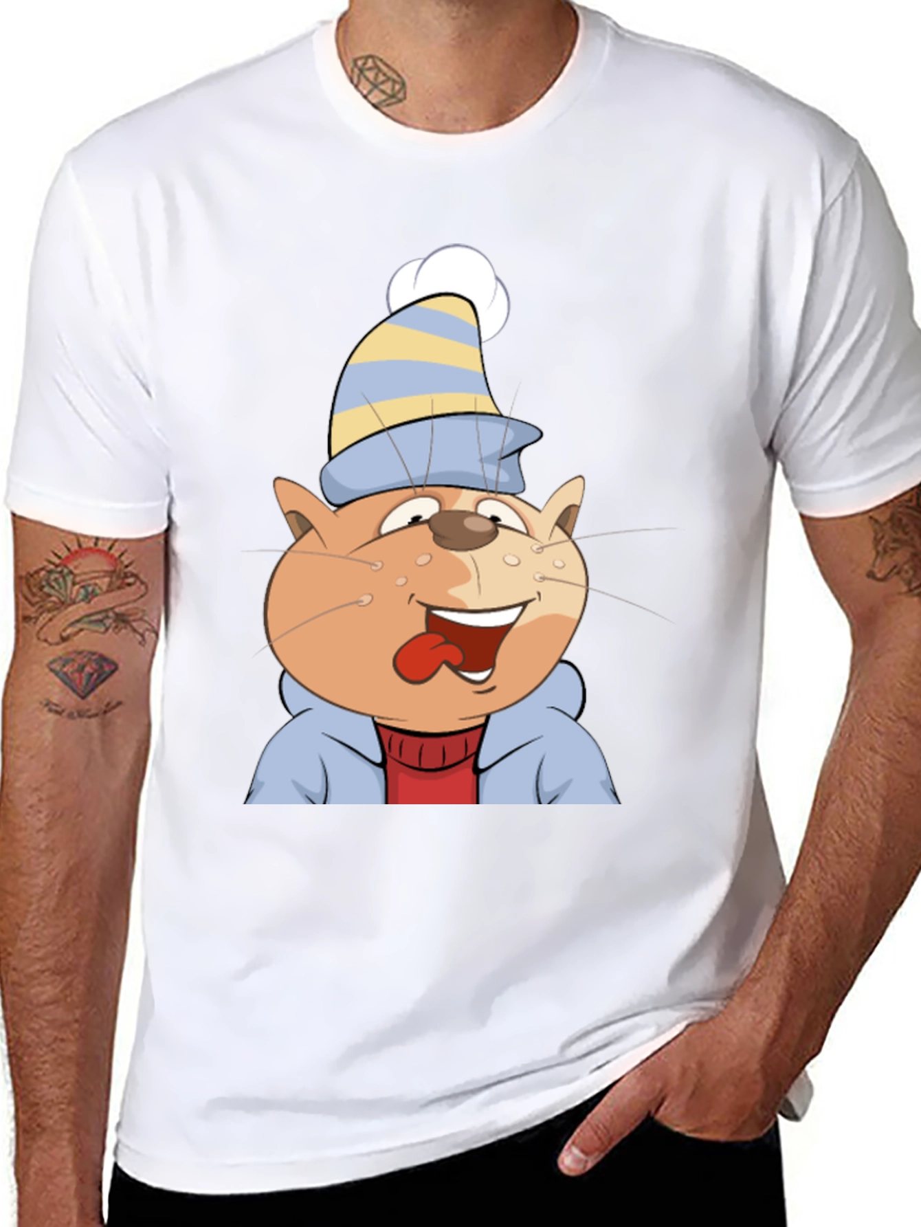Cartoon Cat Graphic Tee - Black Cotton Casual Shirt