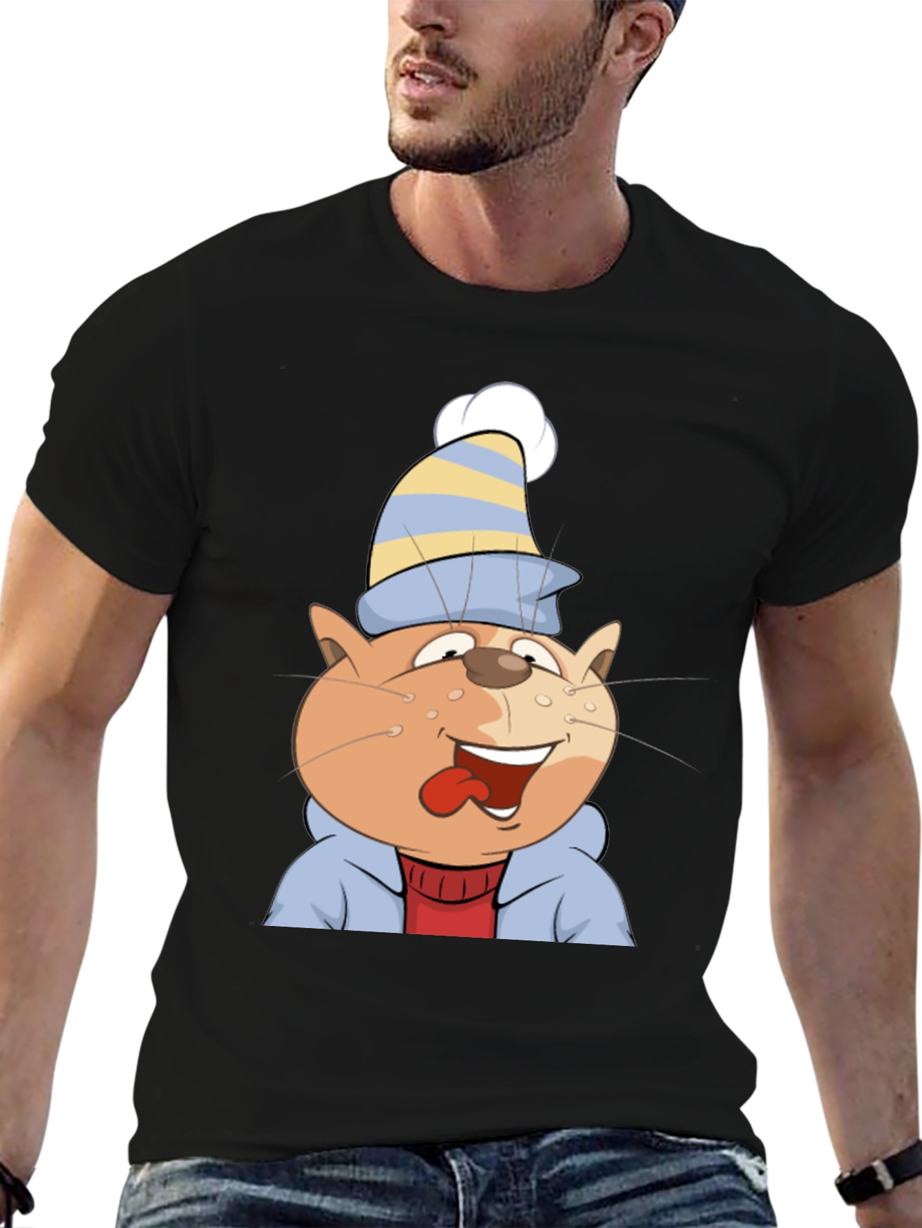 Cartoon Cat Graphic Tee - Black Cotton Casual Shirt