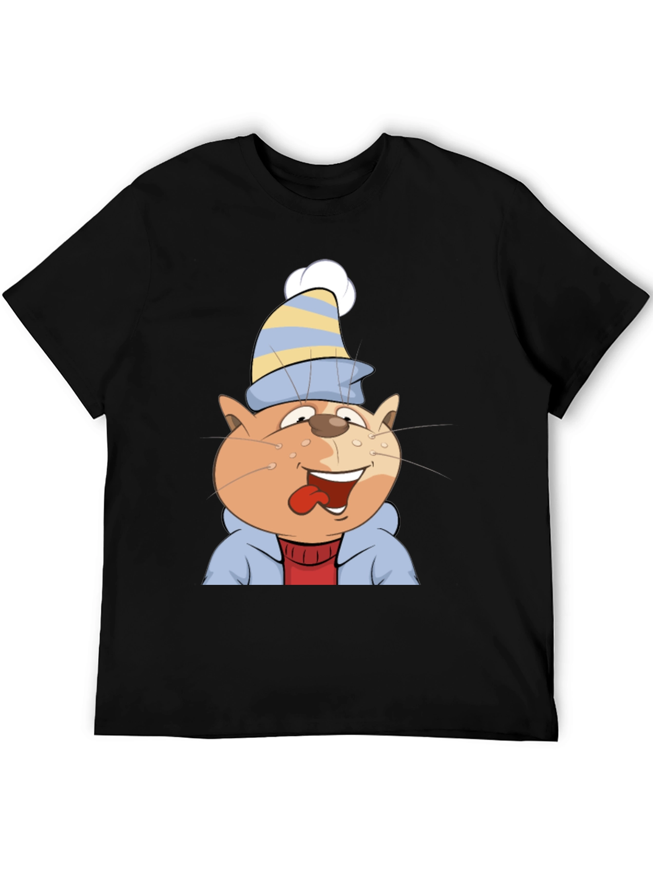 Cartoon Cat Graphic Tee - Black Cotton Casual Shirt