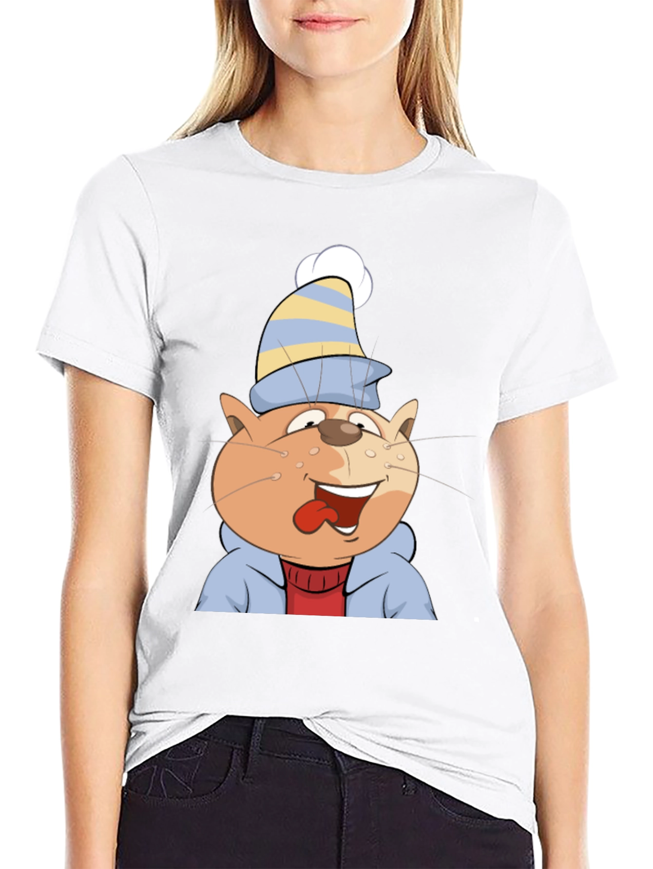 Cartoon Cat Graphic Tee - Black Cotton Casual Shirt