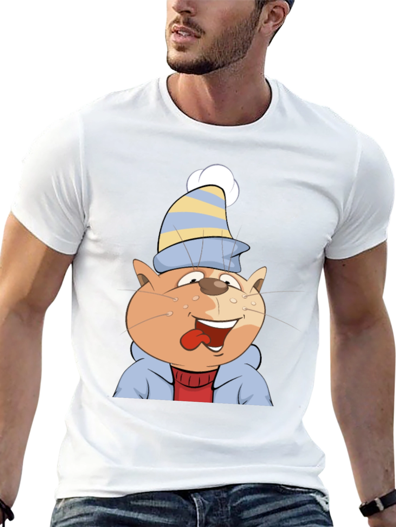 Cartoon Cat Graphic Tee - Black Cotton Casual Shirt