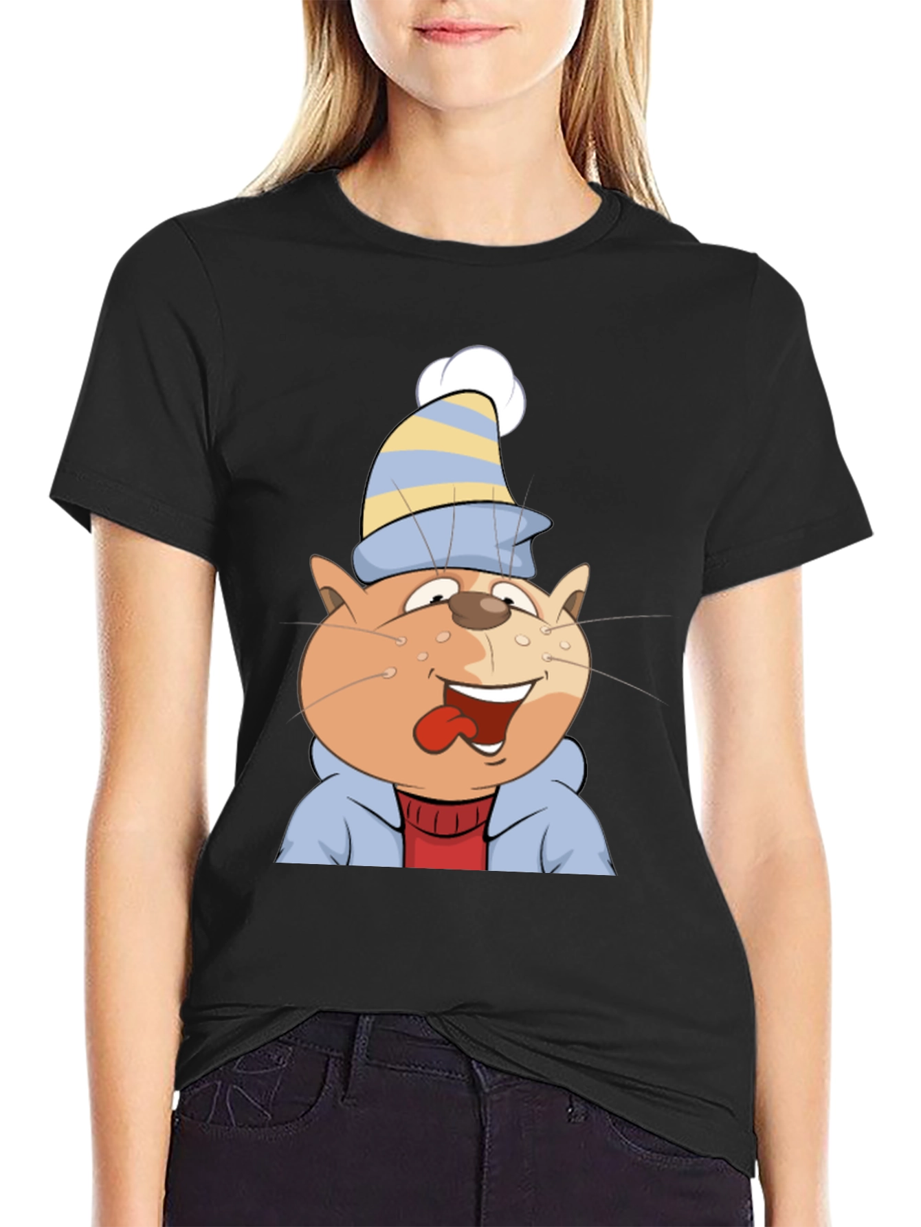 Cartoon Cat Graphic Tee - Black Cotton Casual Shirt