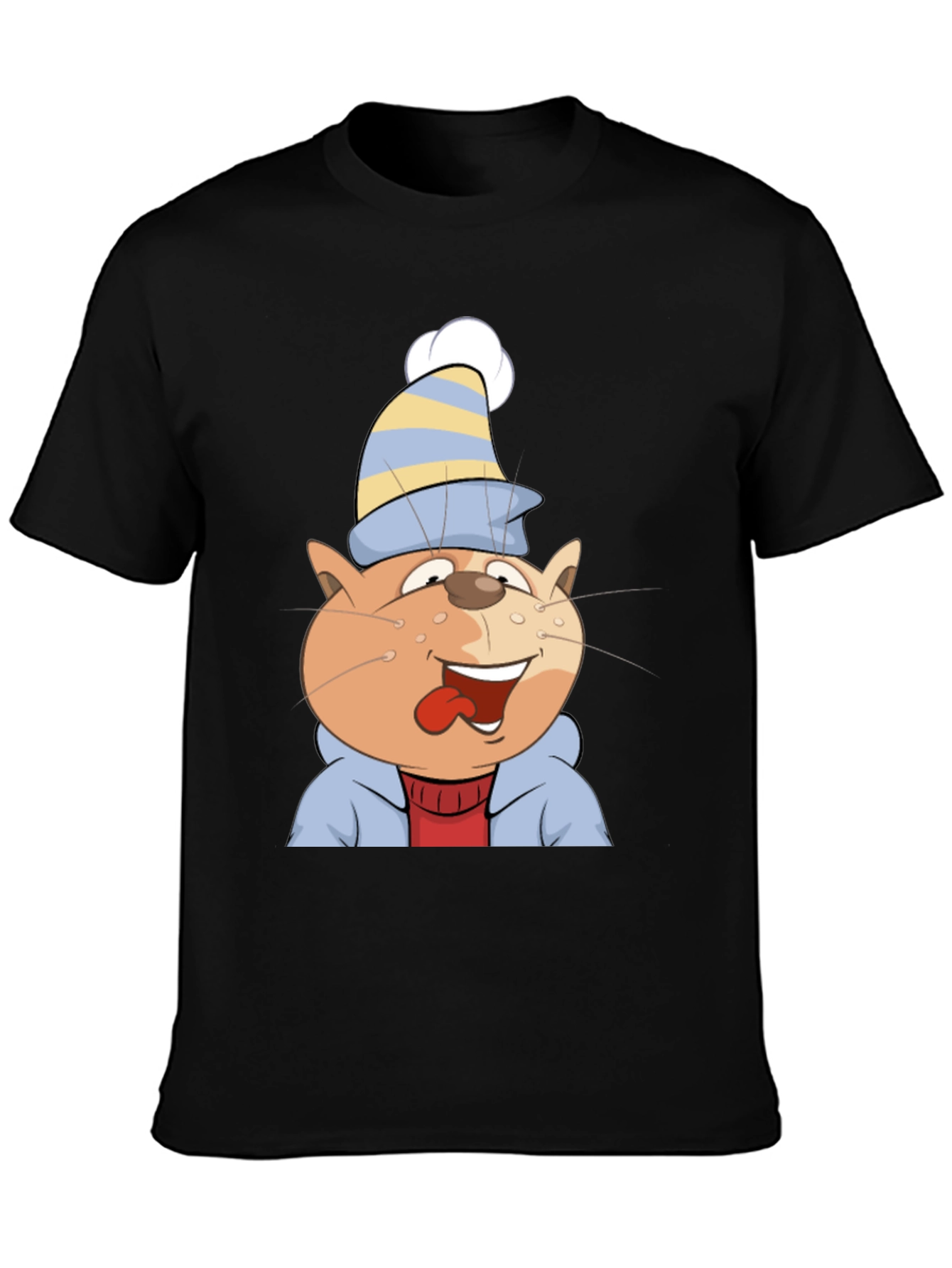 Cartoon Cat Graphic Tee - Black Cotton Casual Shirt