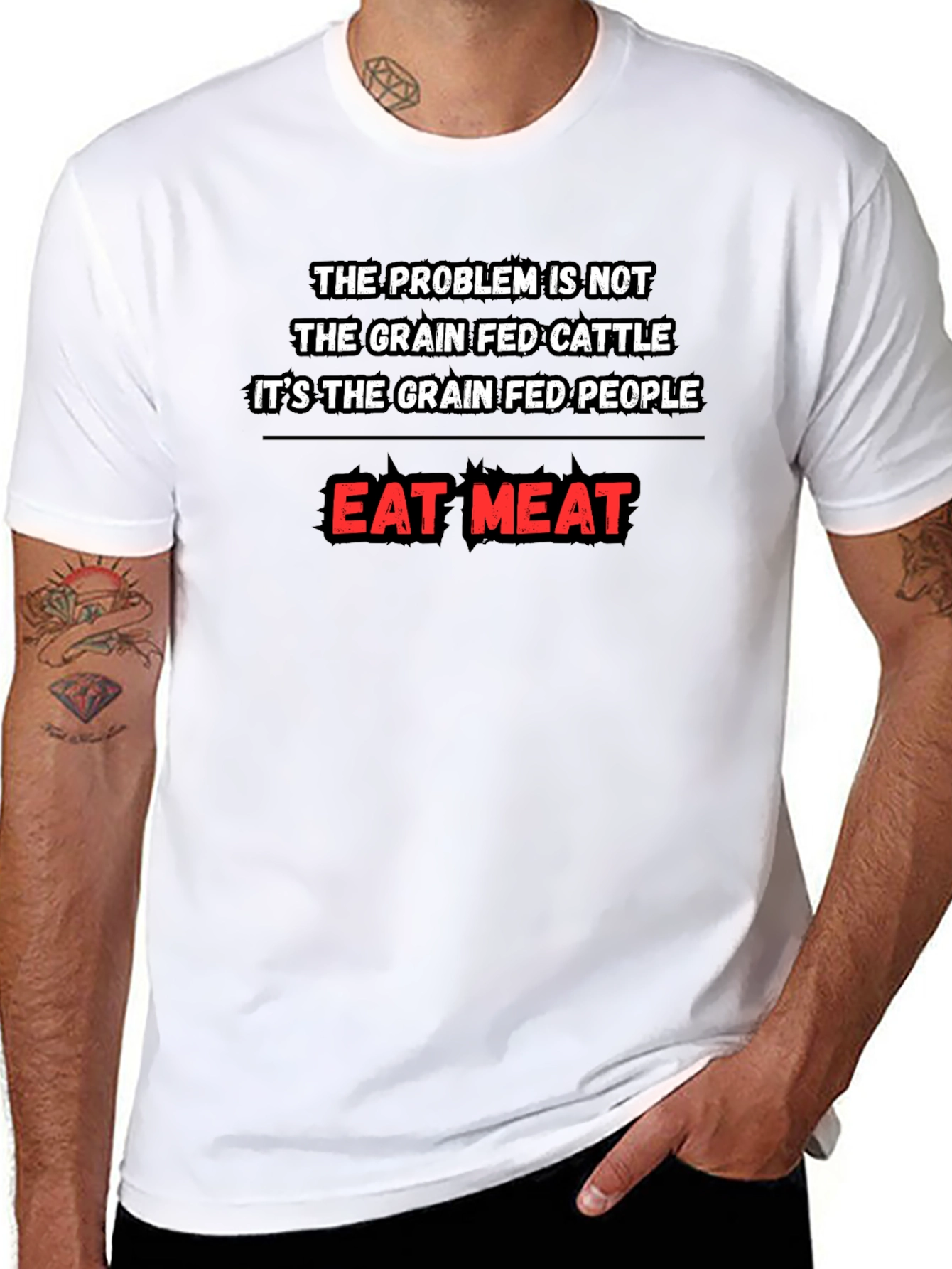 Eat Meat Black T-Shirt Grain Fed Cattle/People Design