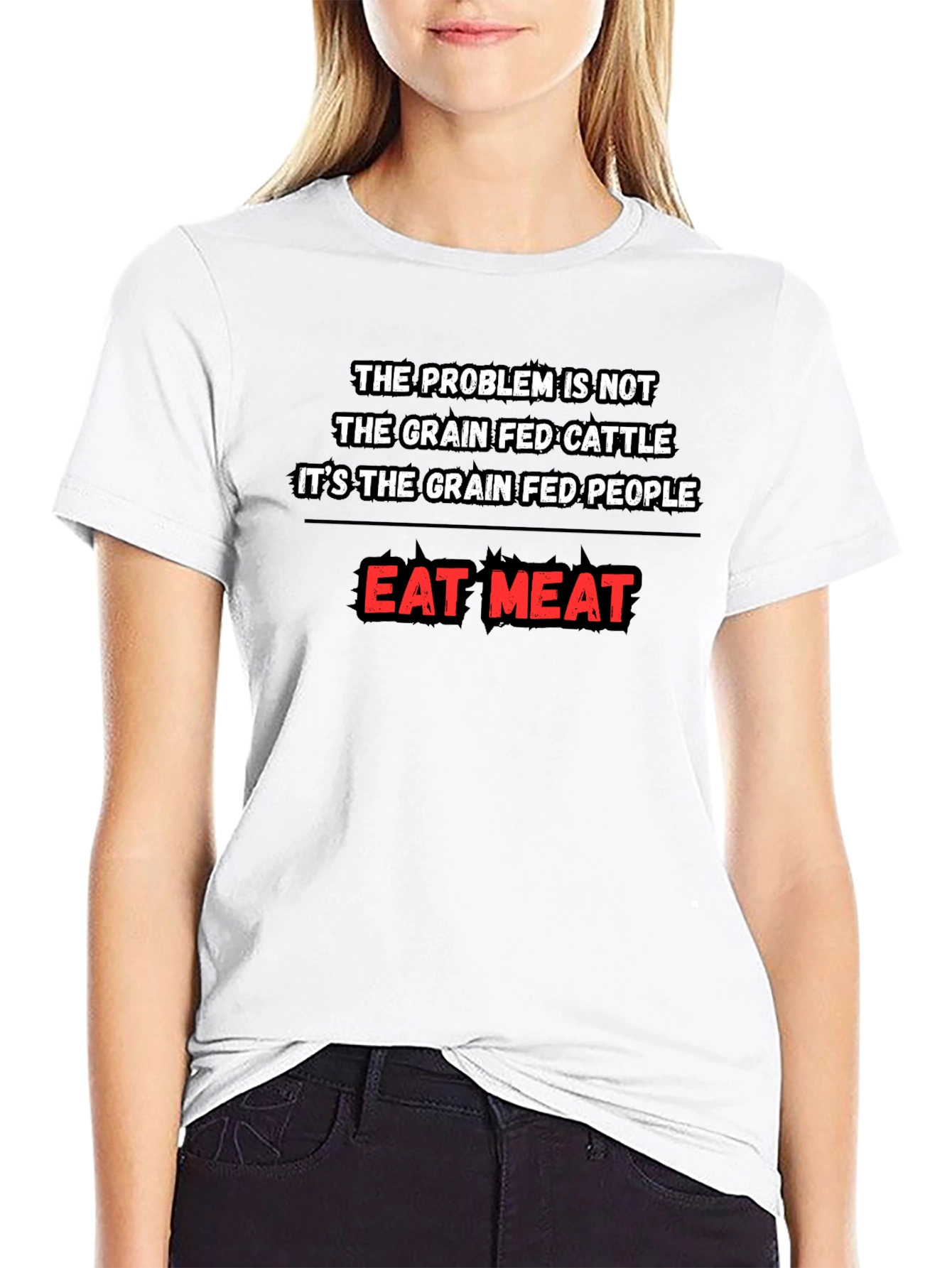 Eat Meat Black T-Shirt Grain Fed Cattle/People Design