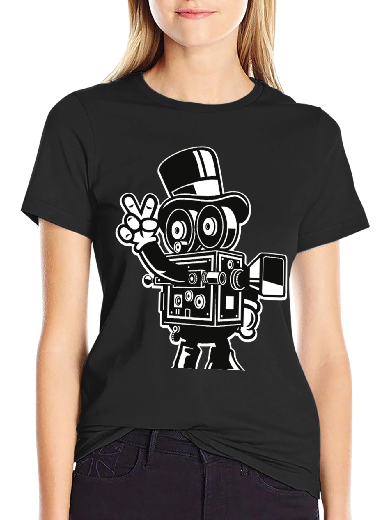 Retro Camera Cartoon Graphic T-Shirt - Black