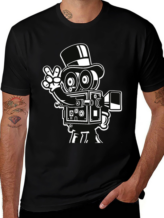 Retro Camera Cartoon Graphic T-Shirt - Black
