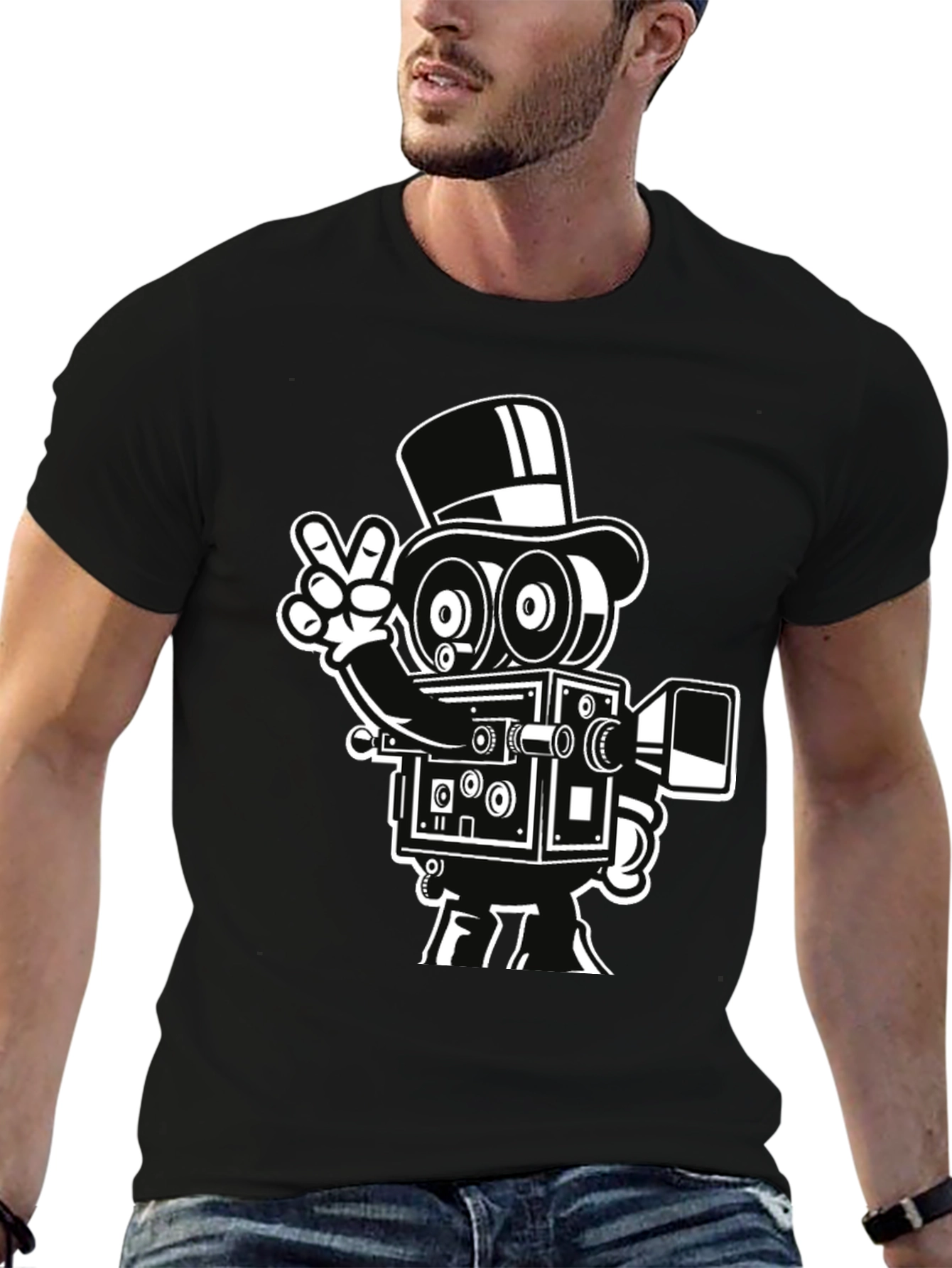 Retro Camera Cartoon Graphic T-Shirt - Black