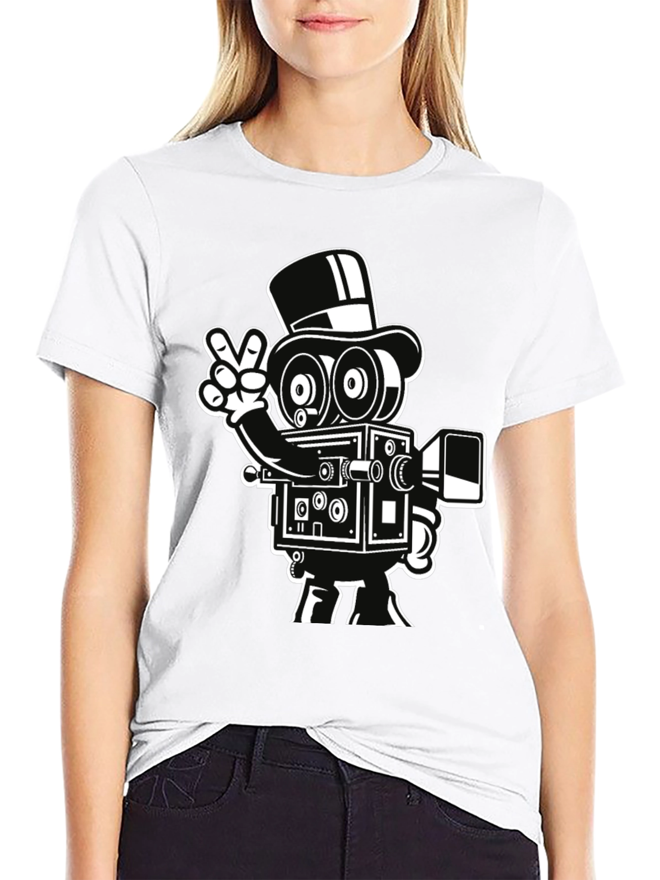 Retro Camera Cartoon Graphic T-Shirt - Black