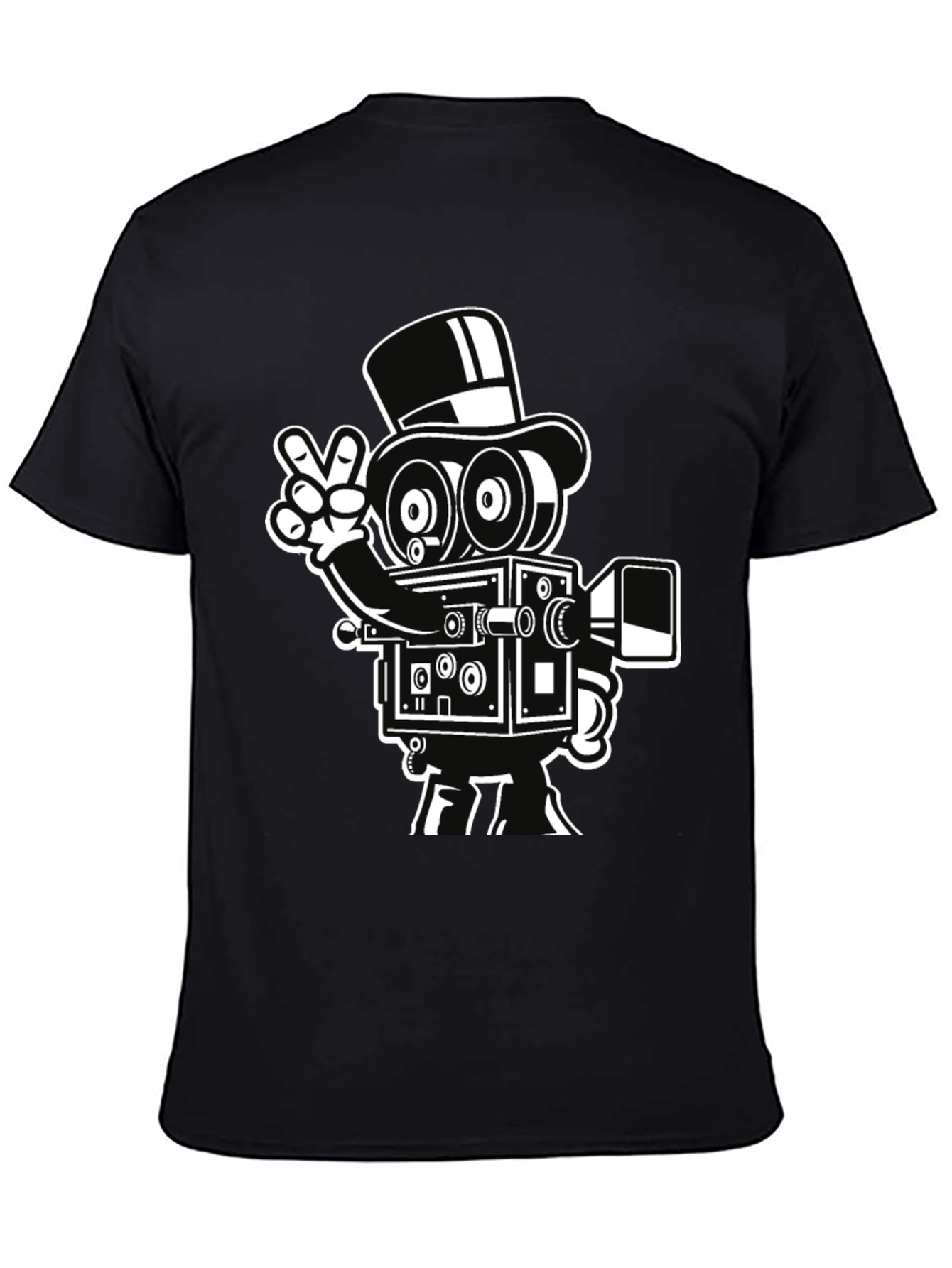 Retro Camera Cartoon Graphic T-Shirt - Black