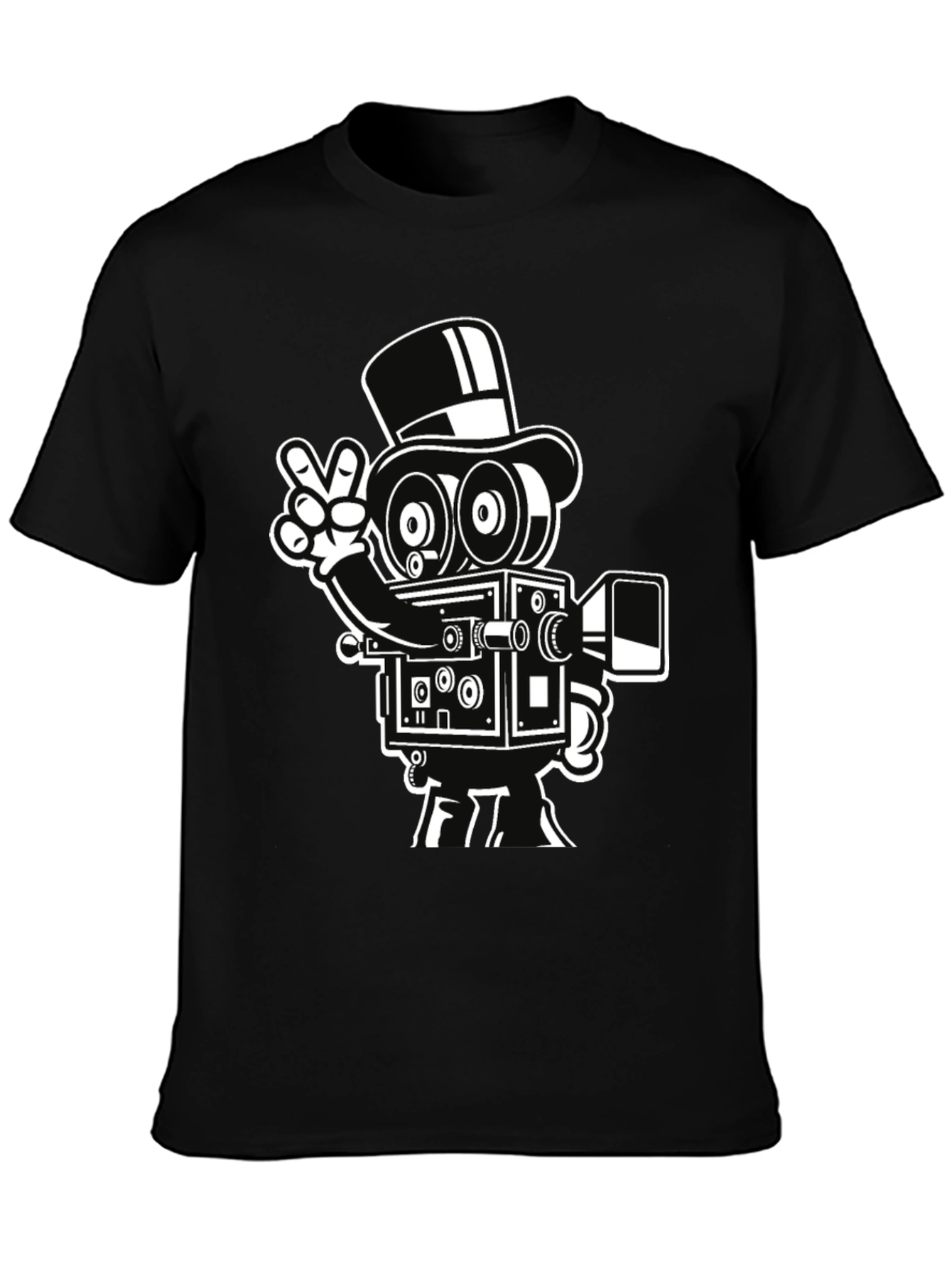 Retro Camera Cartoon Graphic T-Shirt - Black