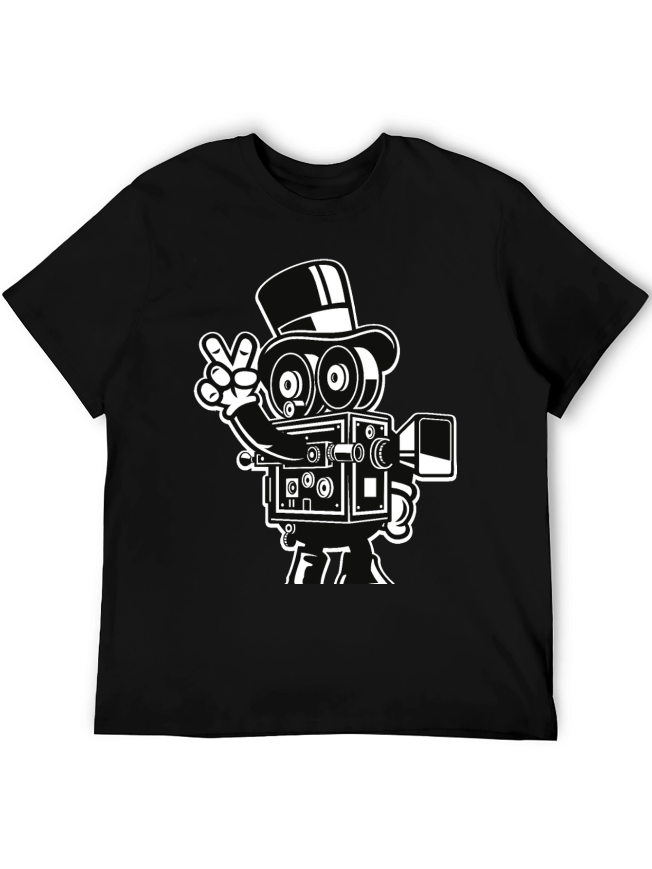 Retro Camera Cartoon Graphic T-Shirt - Black