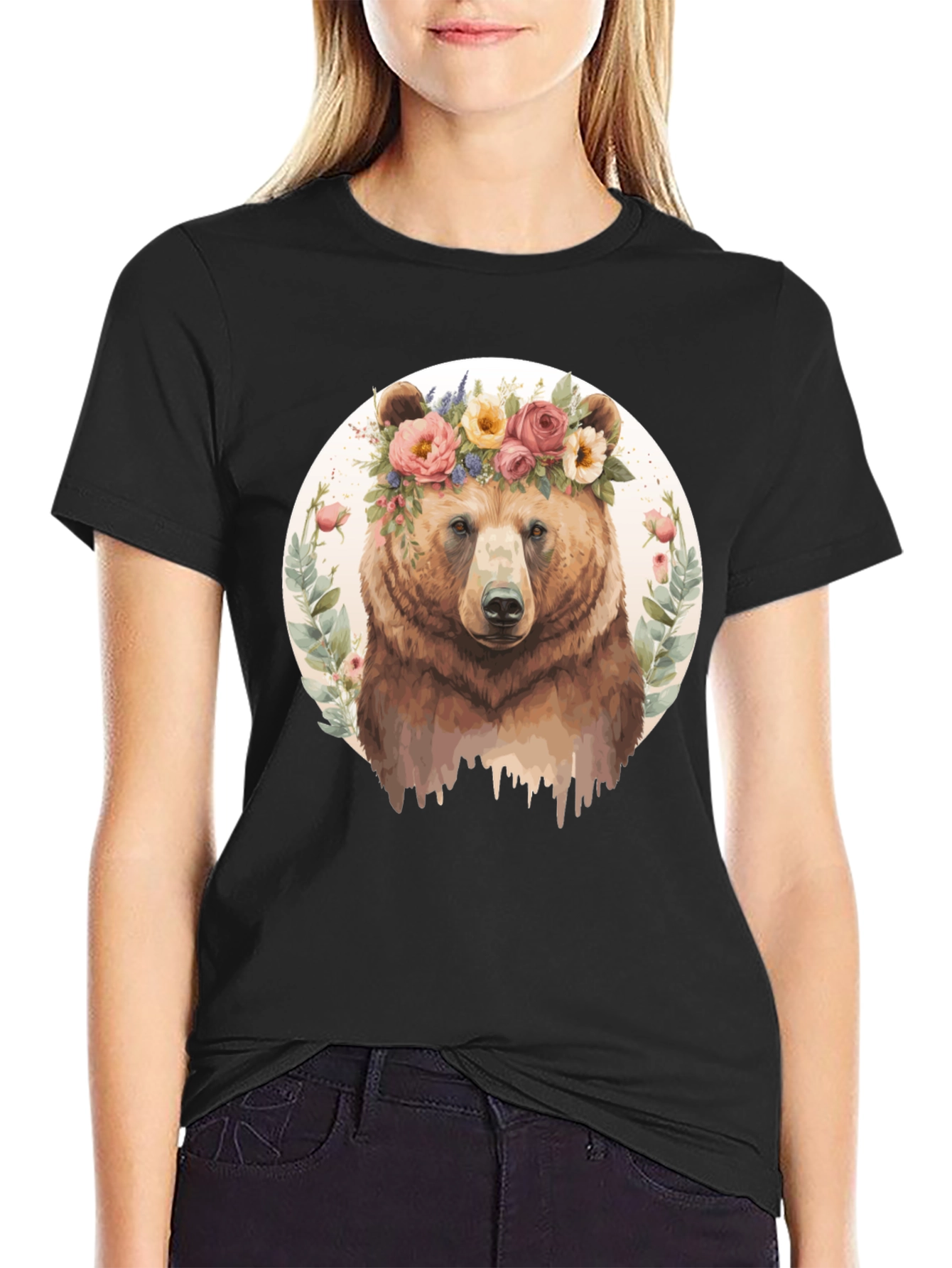 Floral Bear Graphic Tee - Mens Black T-Shirt