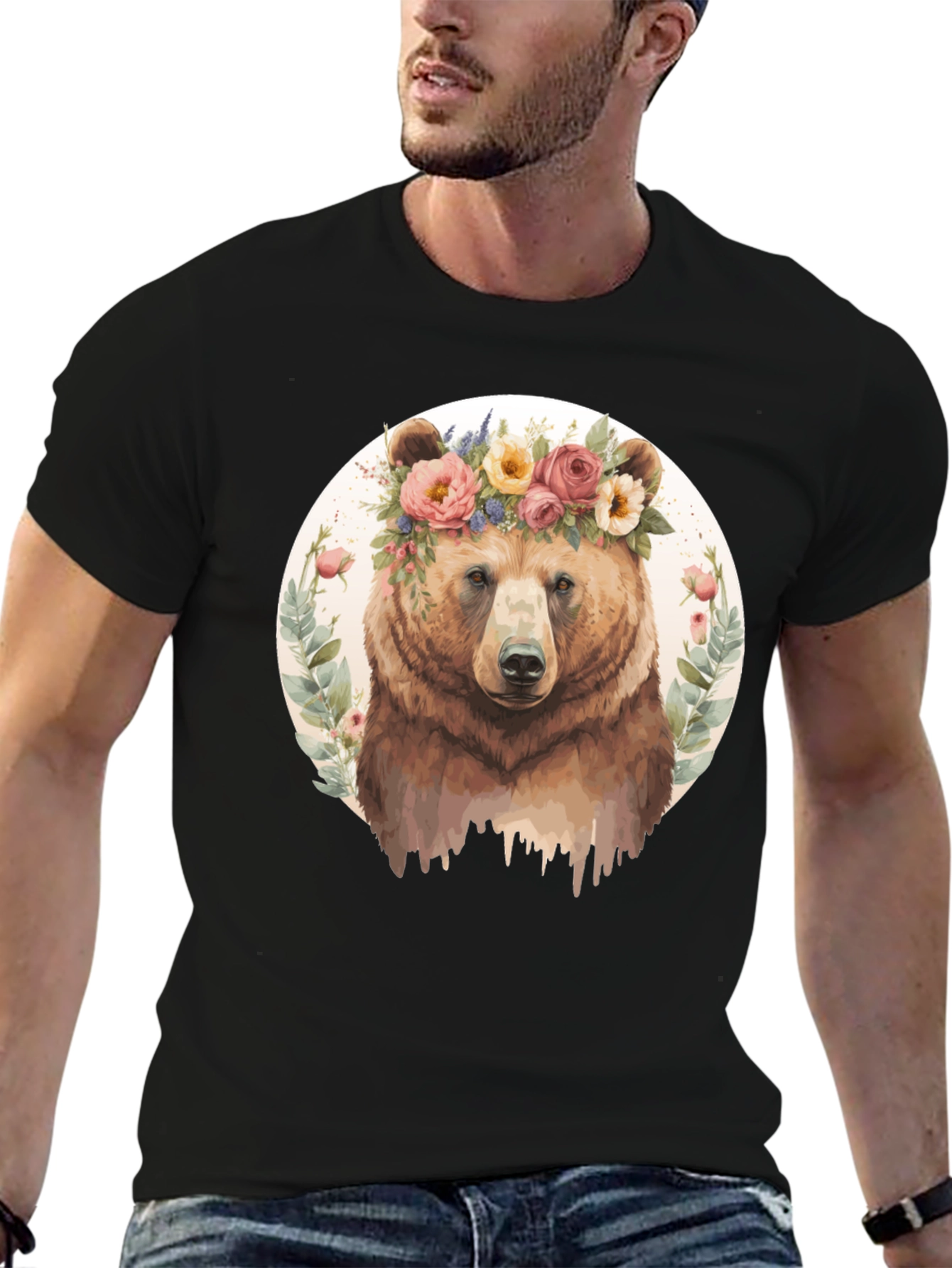 Floral Bear Graphic Tee - Mens Black T-Shirt