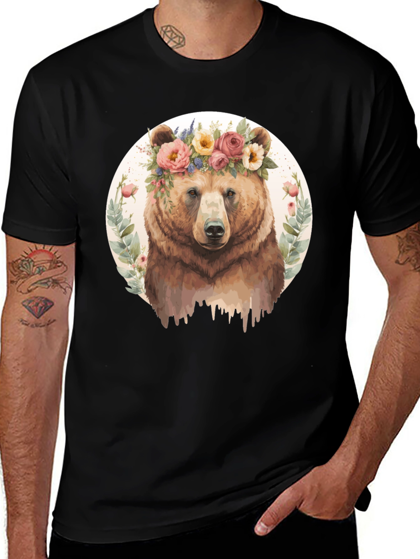 Floral Bear Graphic Tee - Mens Black T-Shirt