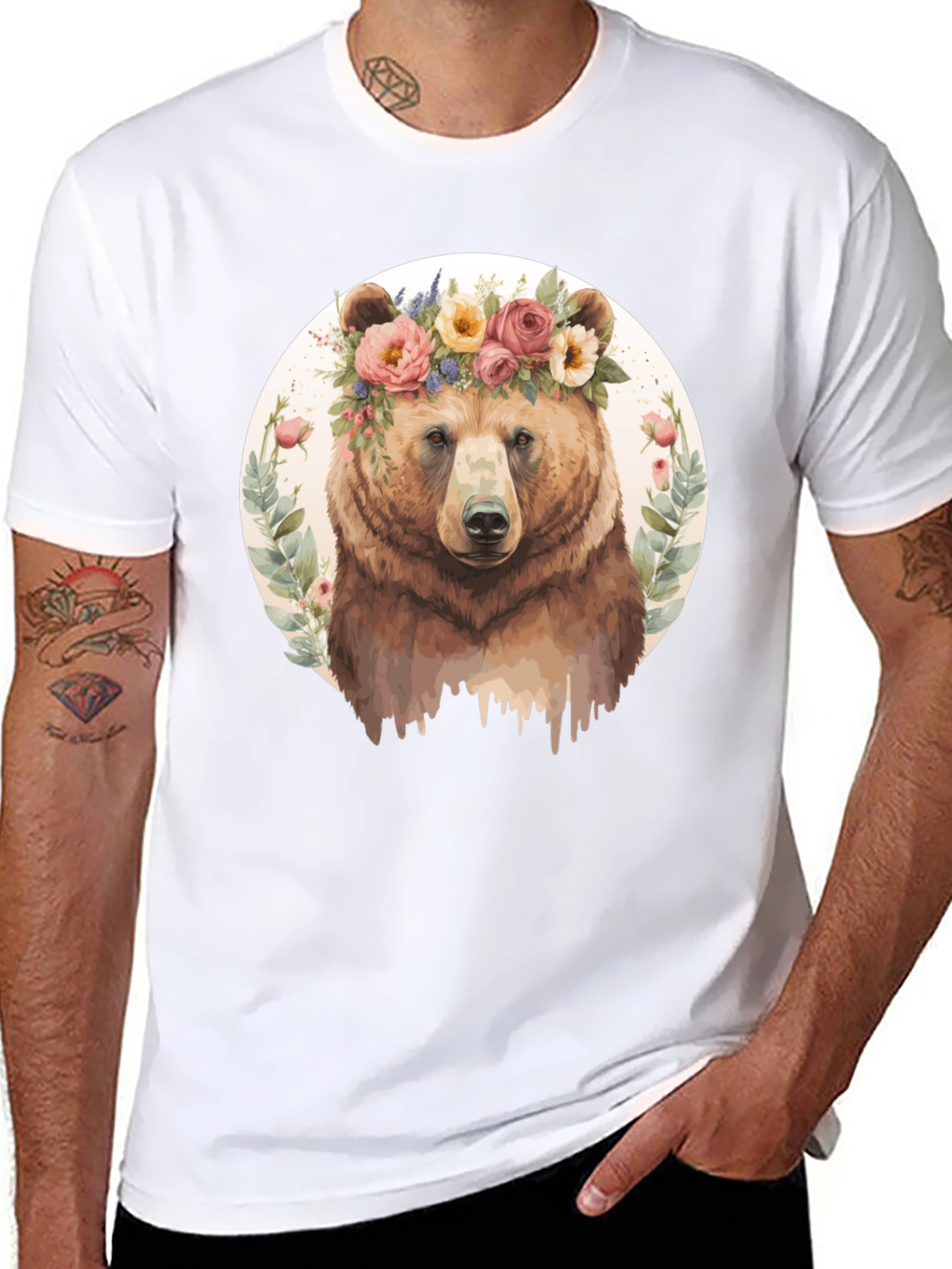 Floral Bear Graphic Tee - Mens Black T-Shirt