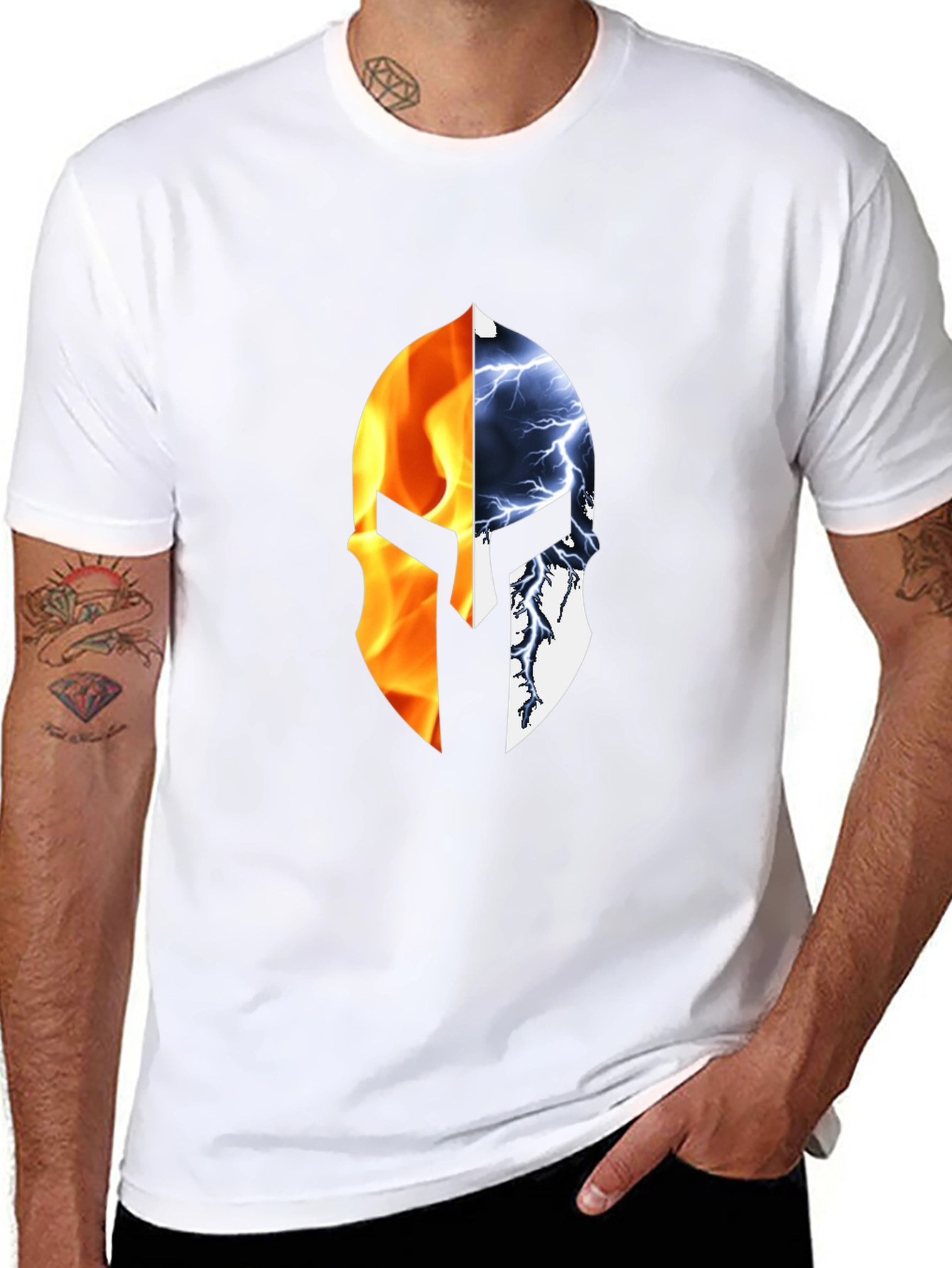 Fire and Ice Spartan Helmet Graphic T-Shirt