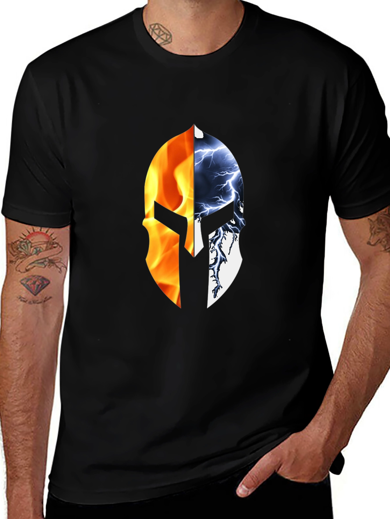 Fire and Ice Spartan Helmet Graphic T-Shirt