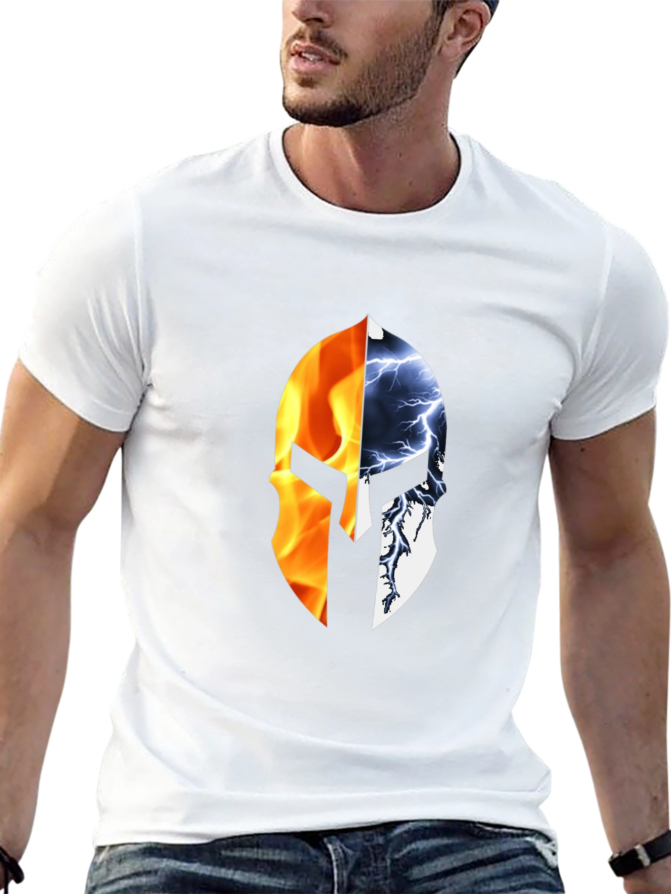 Fire and Ice Spartan Helmet Graphic T-Shirt