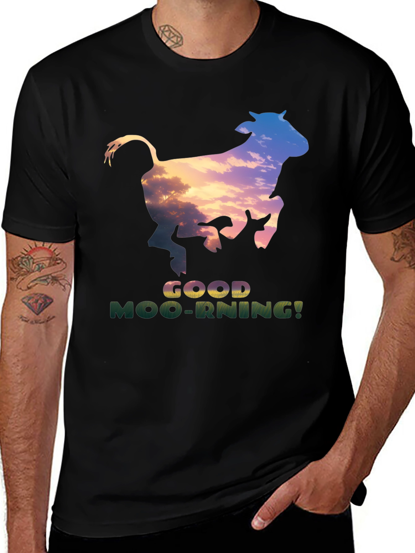 Good Moo-rning T-Shirt - Unique Cow Sunset Design