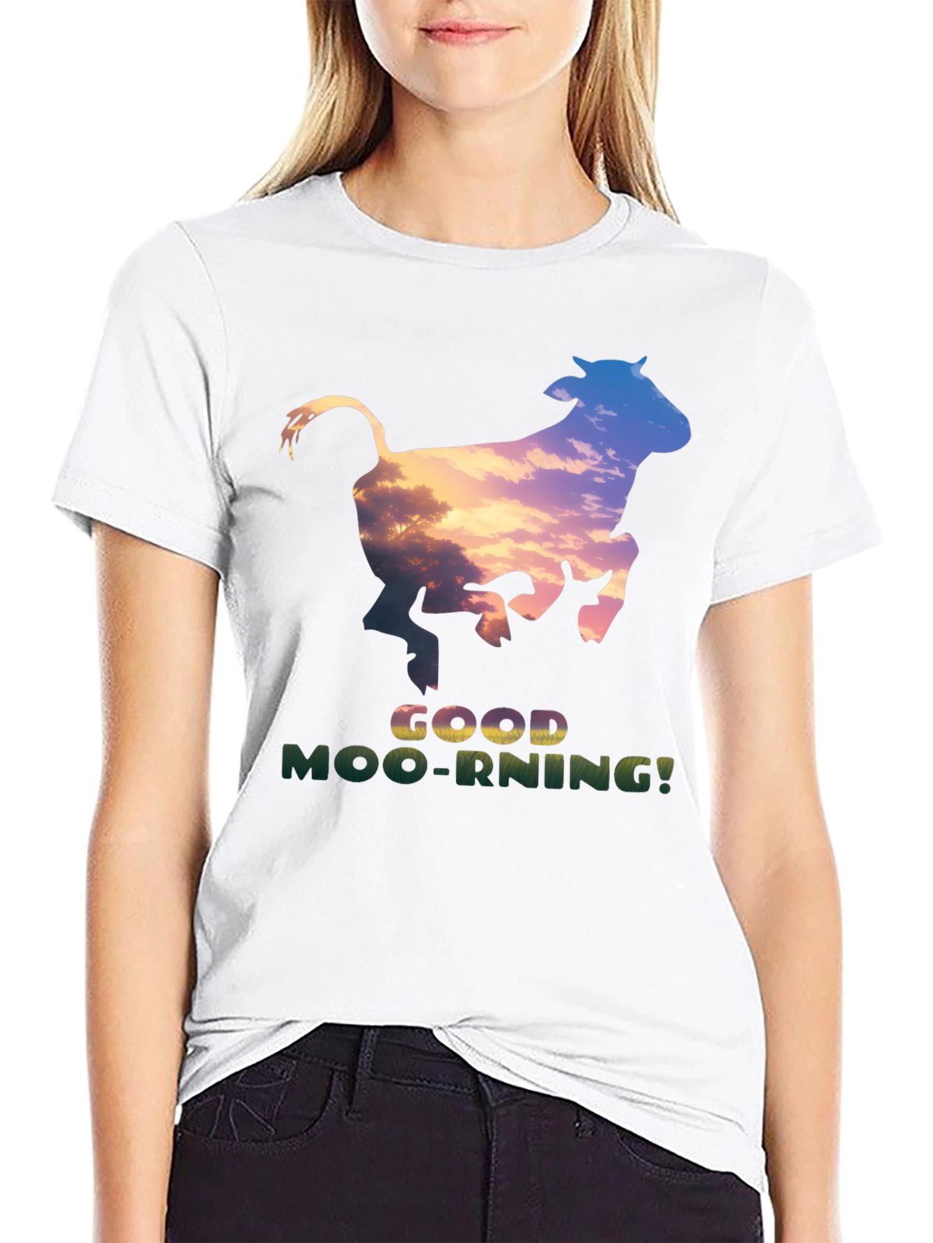Good Moo-rning T-Shirt - Unique Cow Sunset Design
