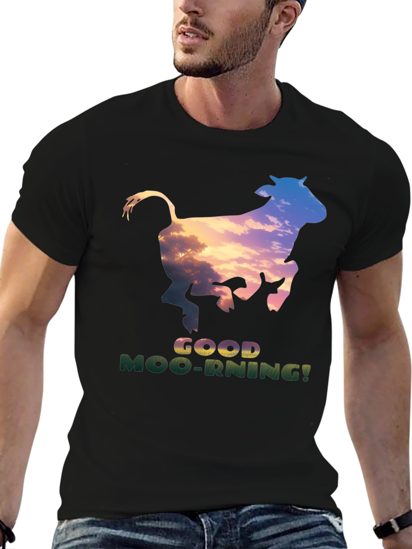 Good Moo-rning T-Shirt - Unique Cow Sunset Design
