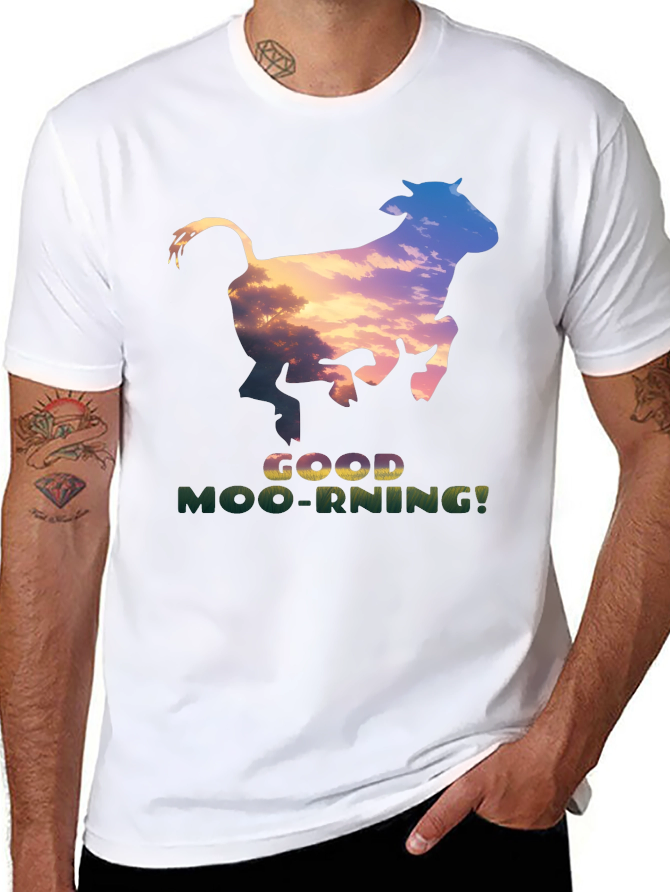 Good Moo-rning T-Shirt - Unique Cow Sunset Design