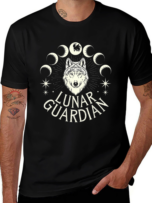 Lunar Guardian Graphic T-Shirt Wolf Moon Phases Black Cotton Tee