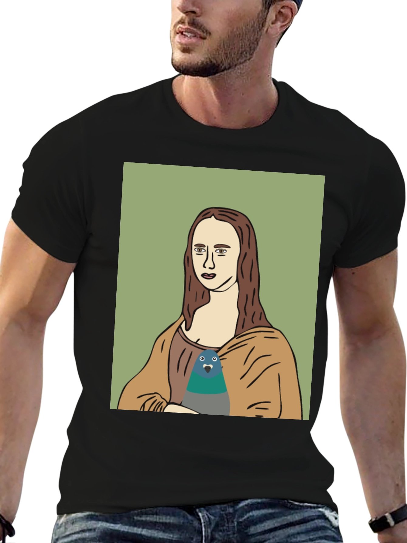 Mona Lisa Pigeon Graphic Tee - Black T-Shirt