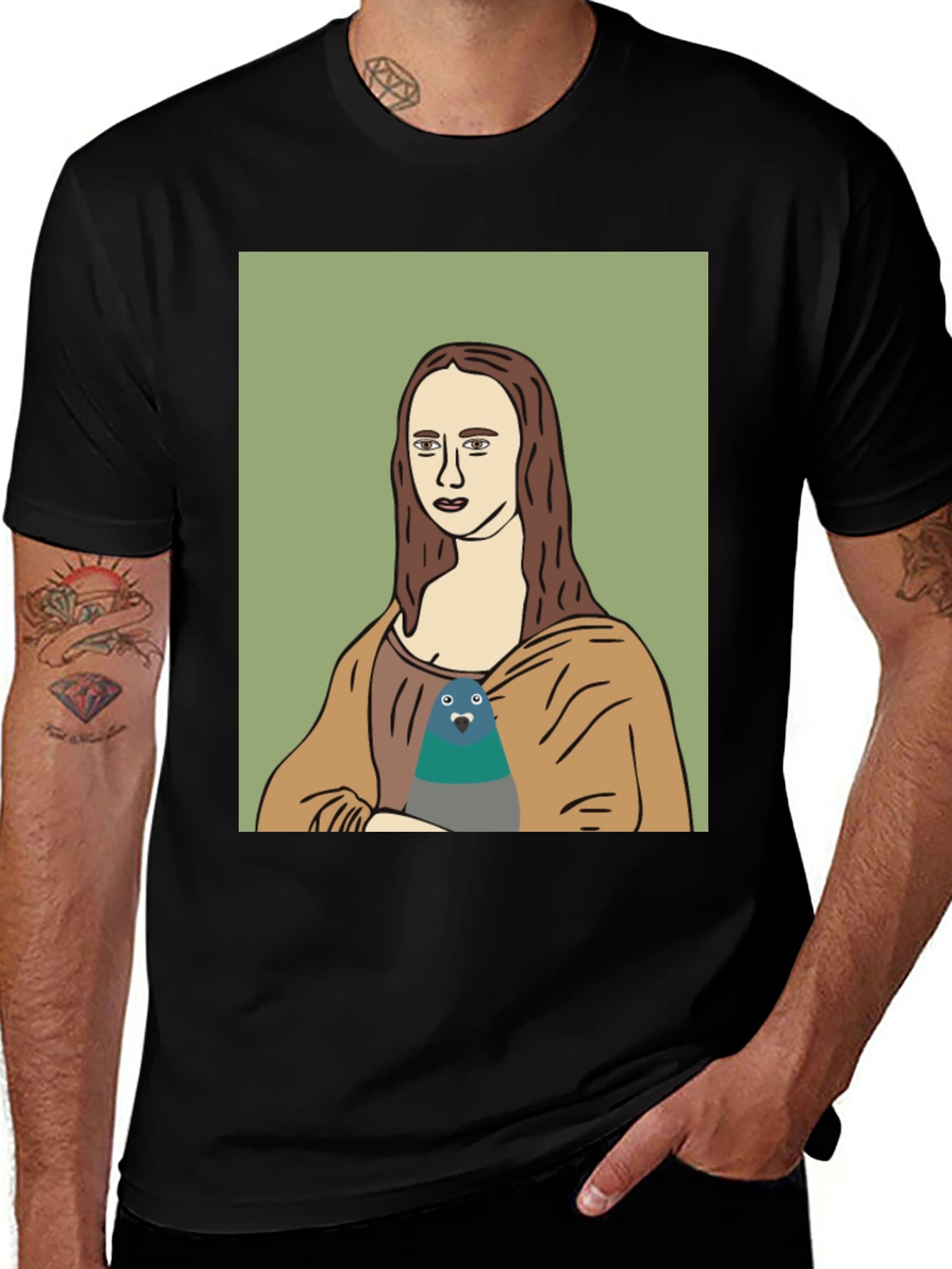 Mona Lisa Pigeon Graphic Tee - Black T-Shirt