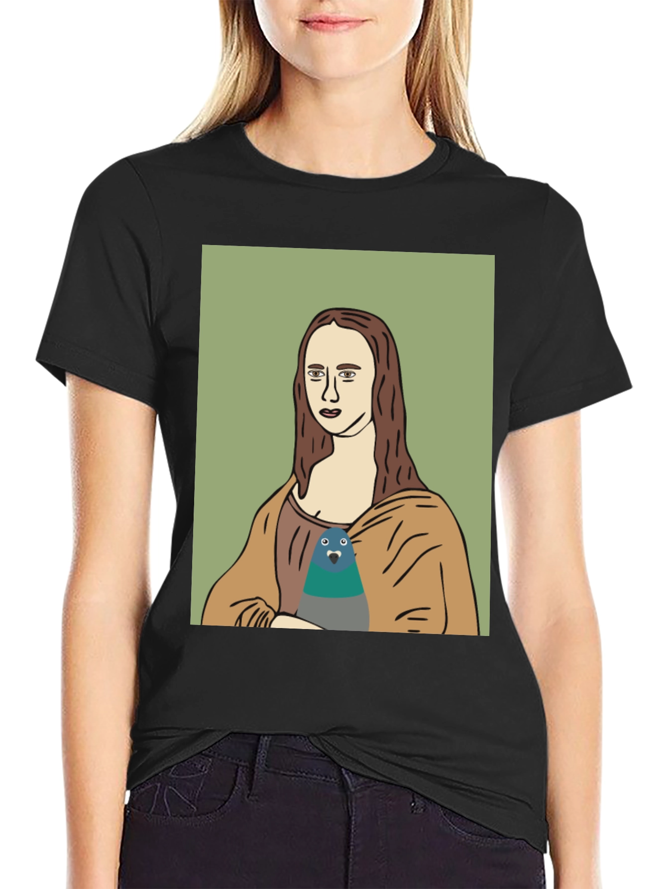 Mona Lisa Pigeon Graphic Tee - Black T-Shirt