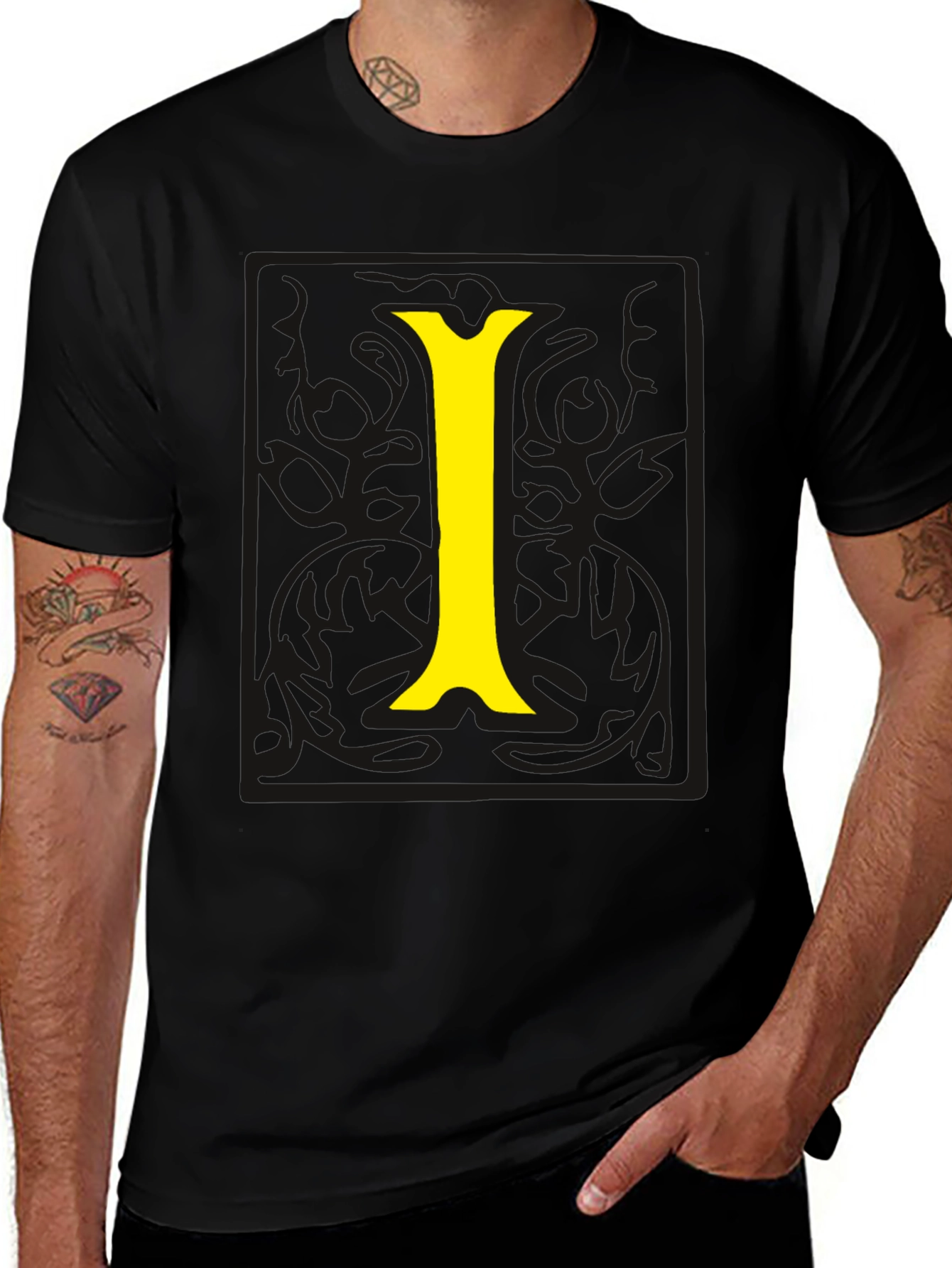 Black Tee with Yellow Letter I Graphic