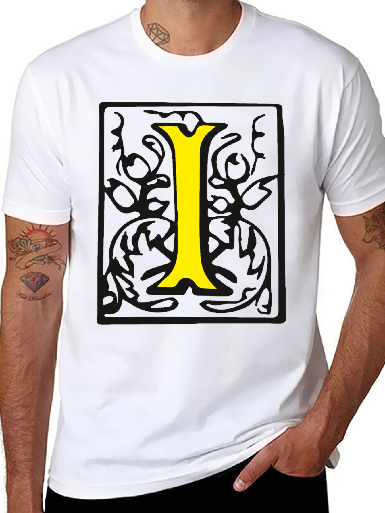 Black Tee with Yellow Letter I Graphic