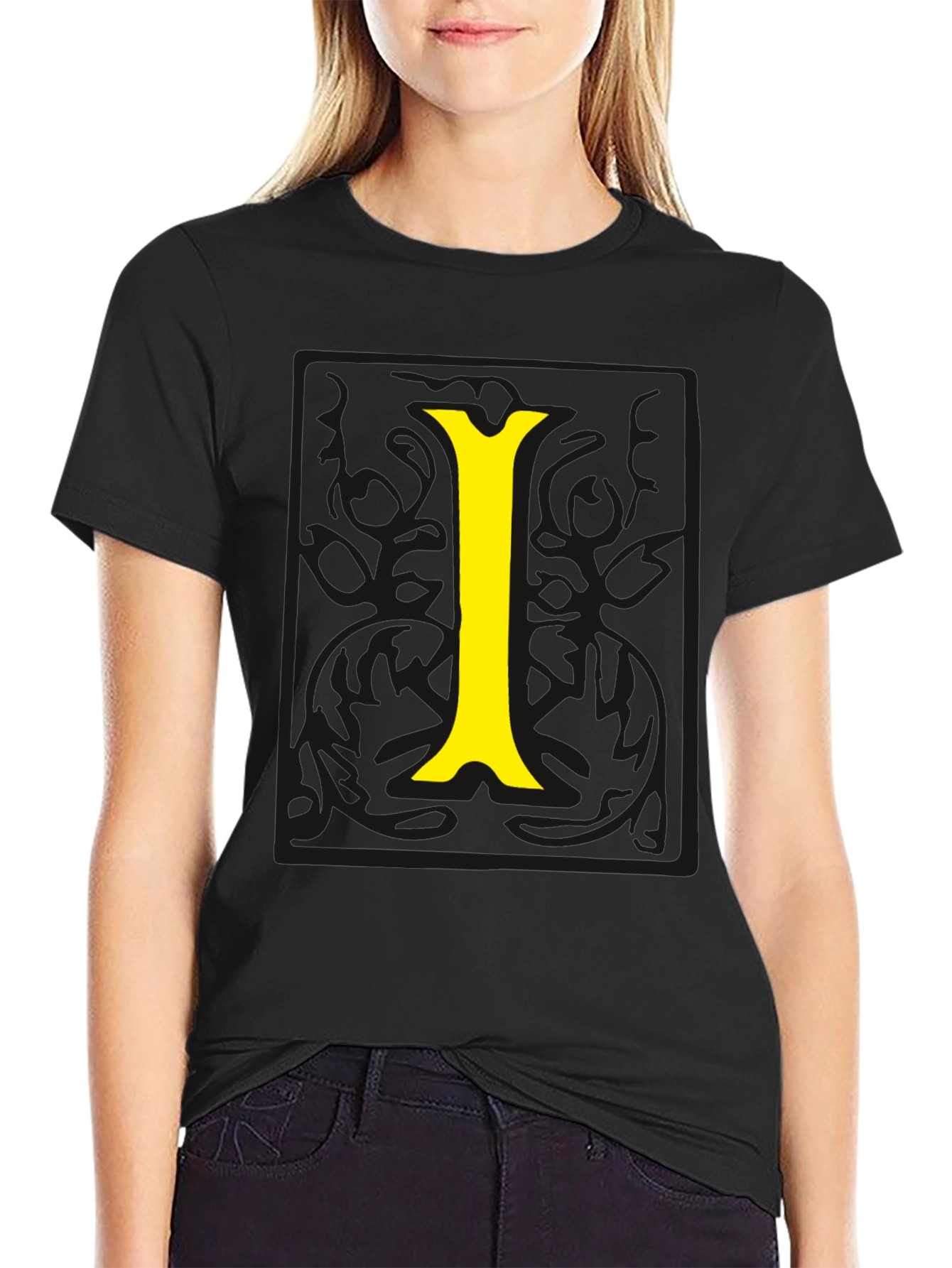 Black Tee with Yellow Letter I Graphic