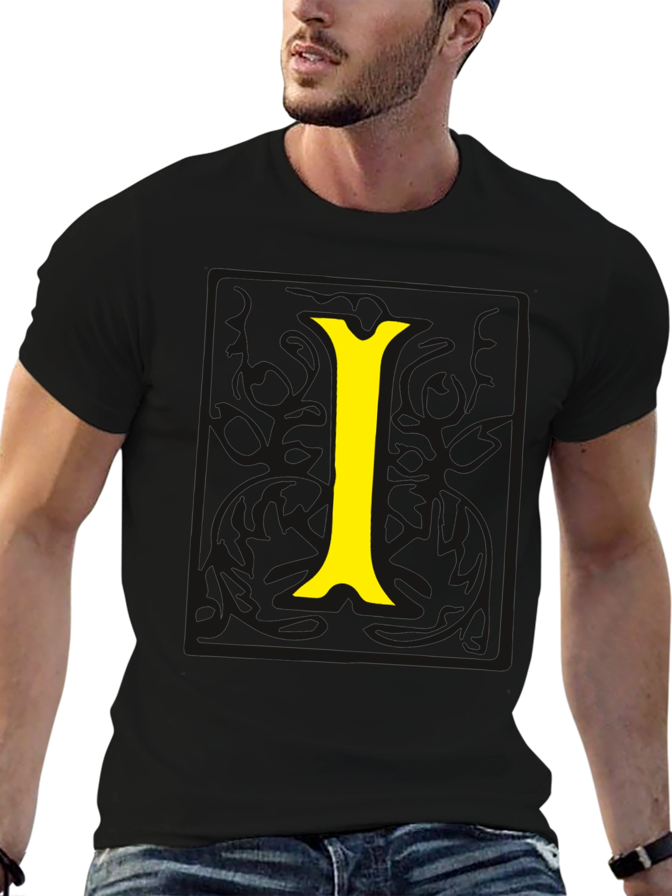 Black Tee with Yellow Letter I Graphic