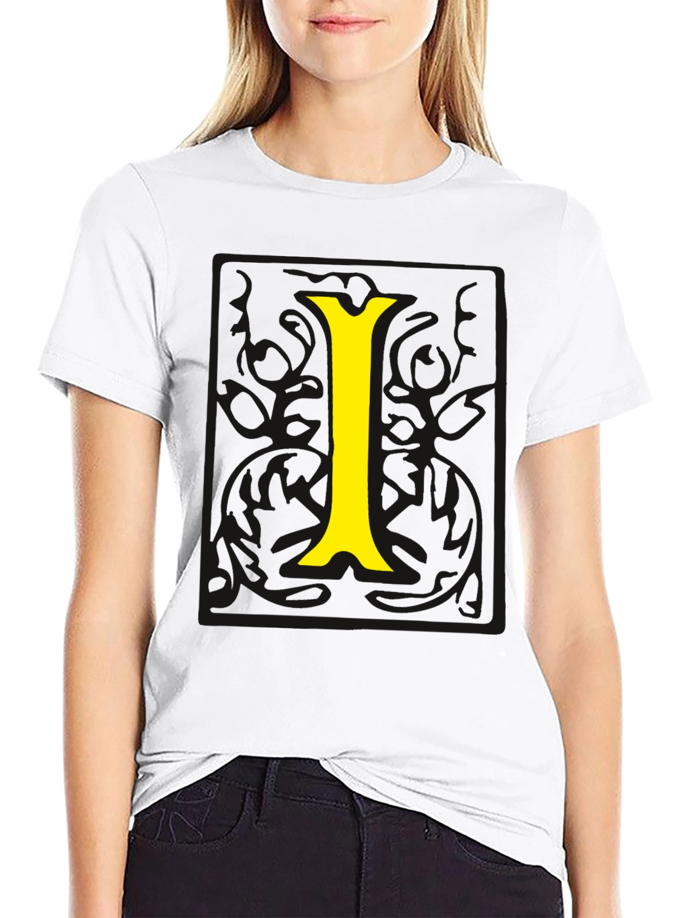 Black Tee with Yellow Letter I Graphic