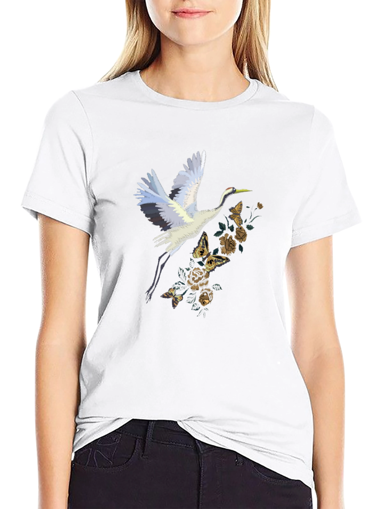 Crane & Floral Graphic Tee - Black