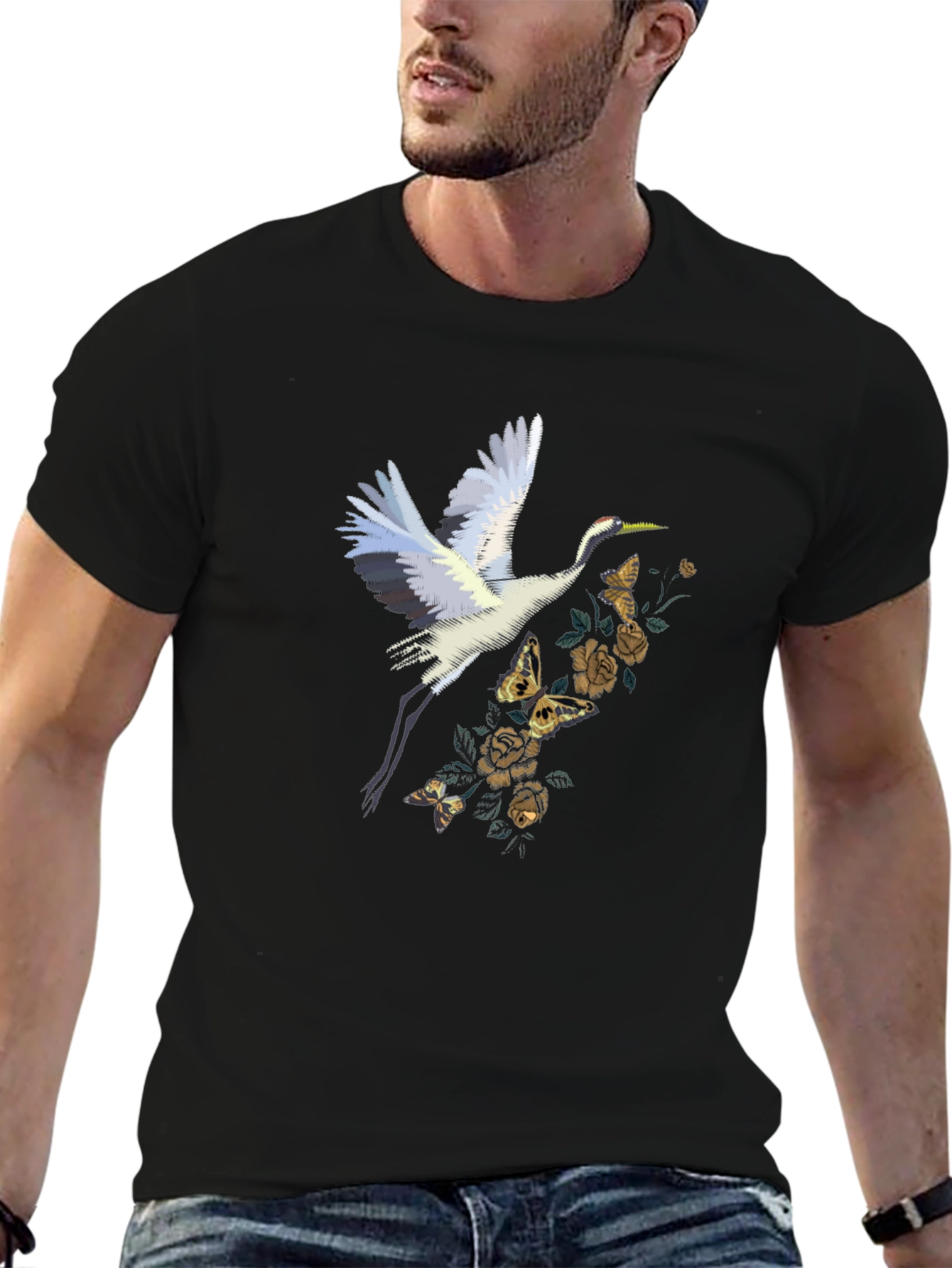 Crane & Floral Graphic Tee - Black