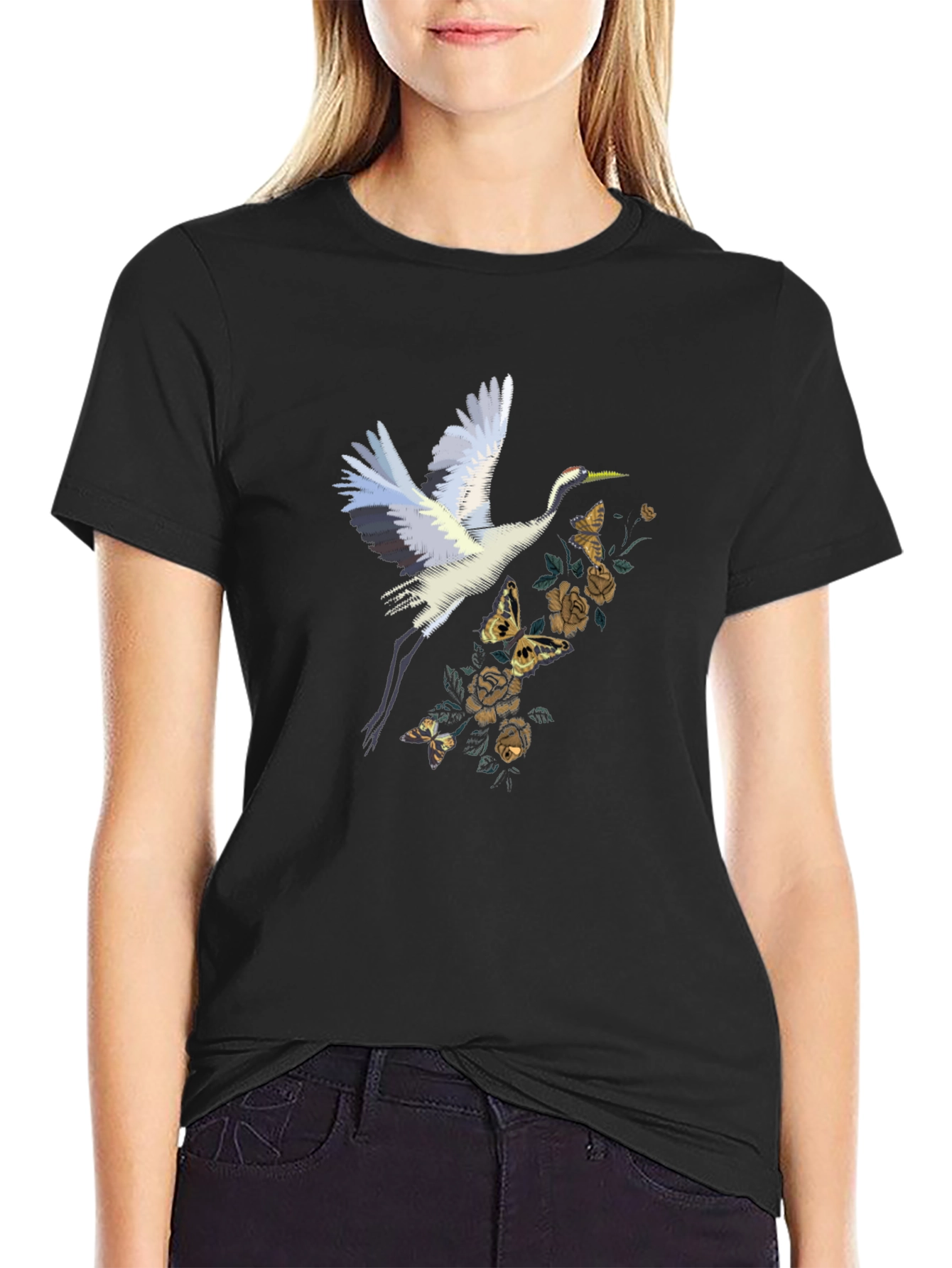 Crane & Floral Graphic Tee - Black