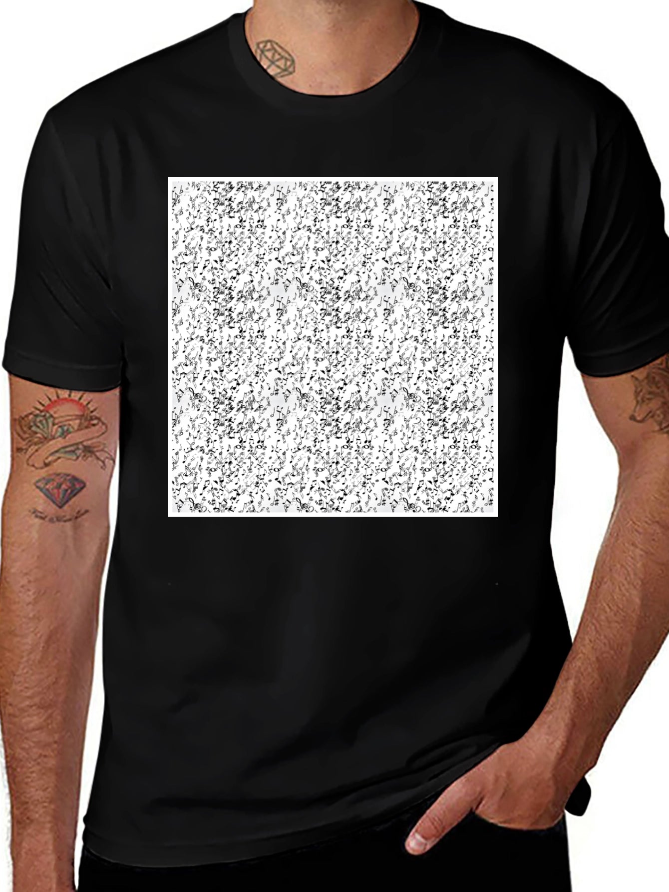 Abstract Music Notes Pattern Black T-Shirt