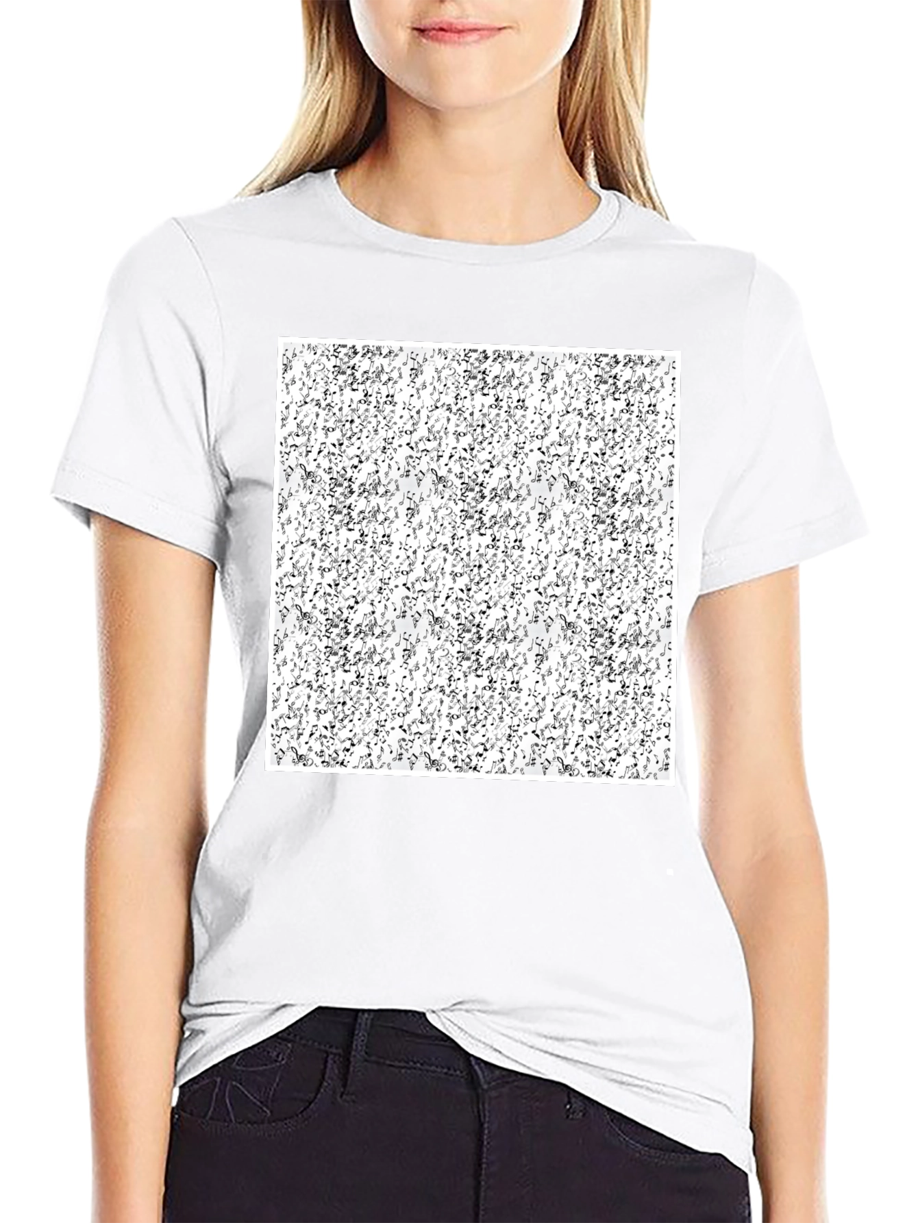 Abstract Music Notes Pattern Black T-Shirt