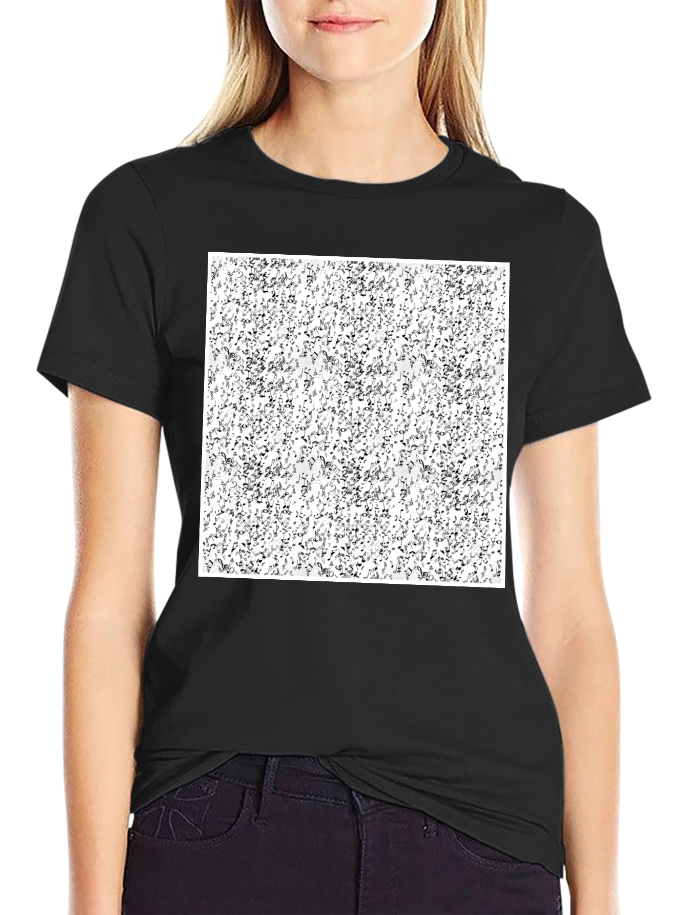 Abstract Music Notes Pattern Black T-Shirt
