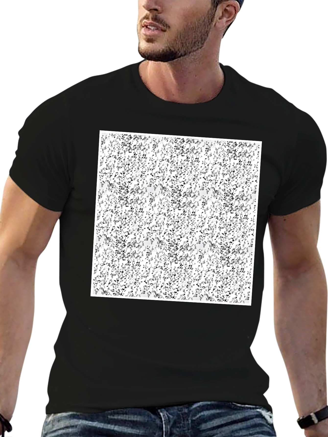 Abstract Music Notes Pattern Black T-Shirt