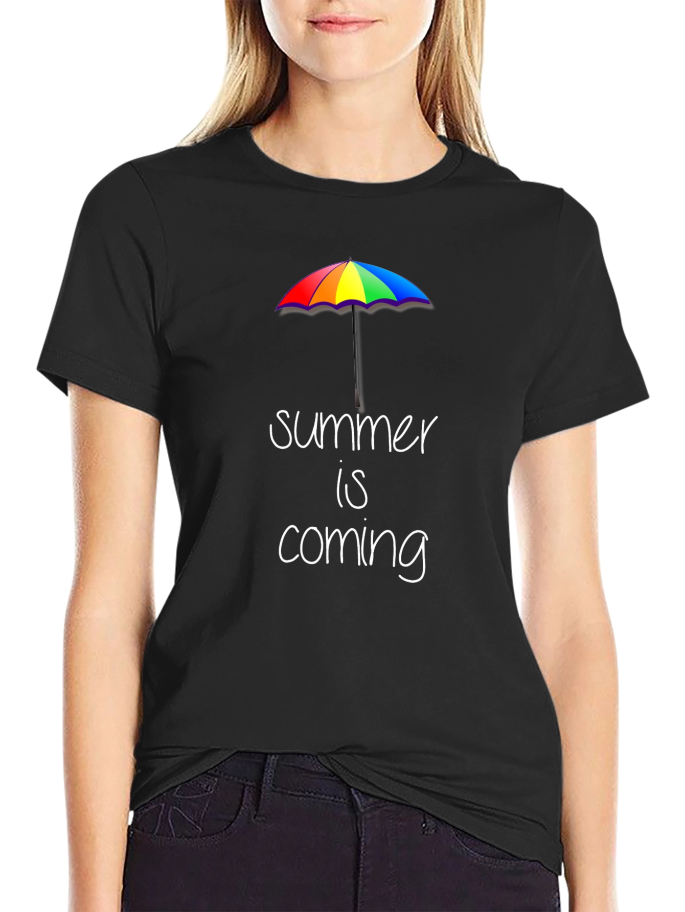 Summer is Coming T-Shirt: Rainbow Umbrella Graphic