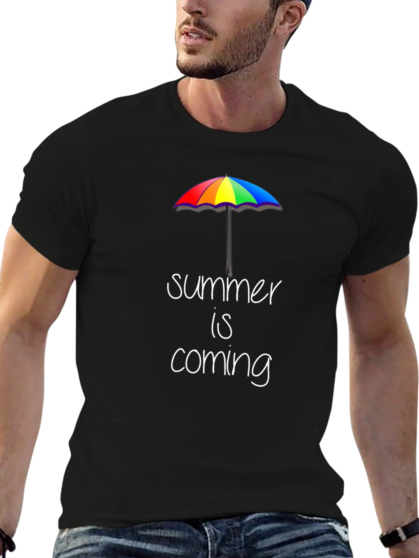 Summer is Coming T-Shirt: Rainbow Umbrella Graphic