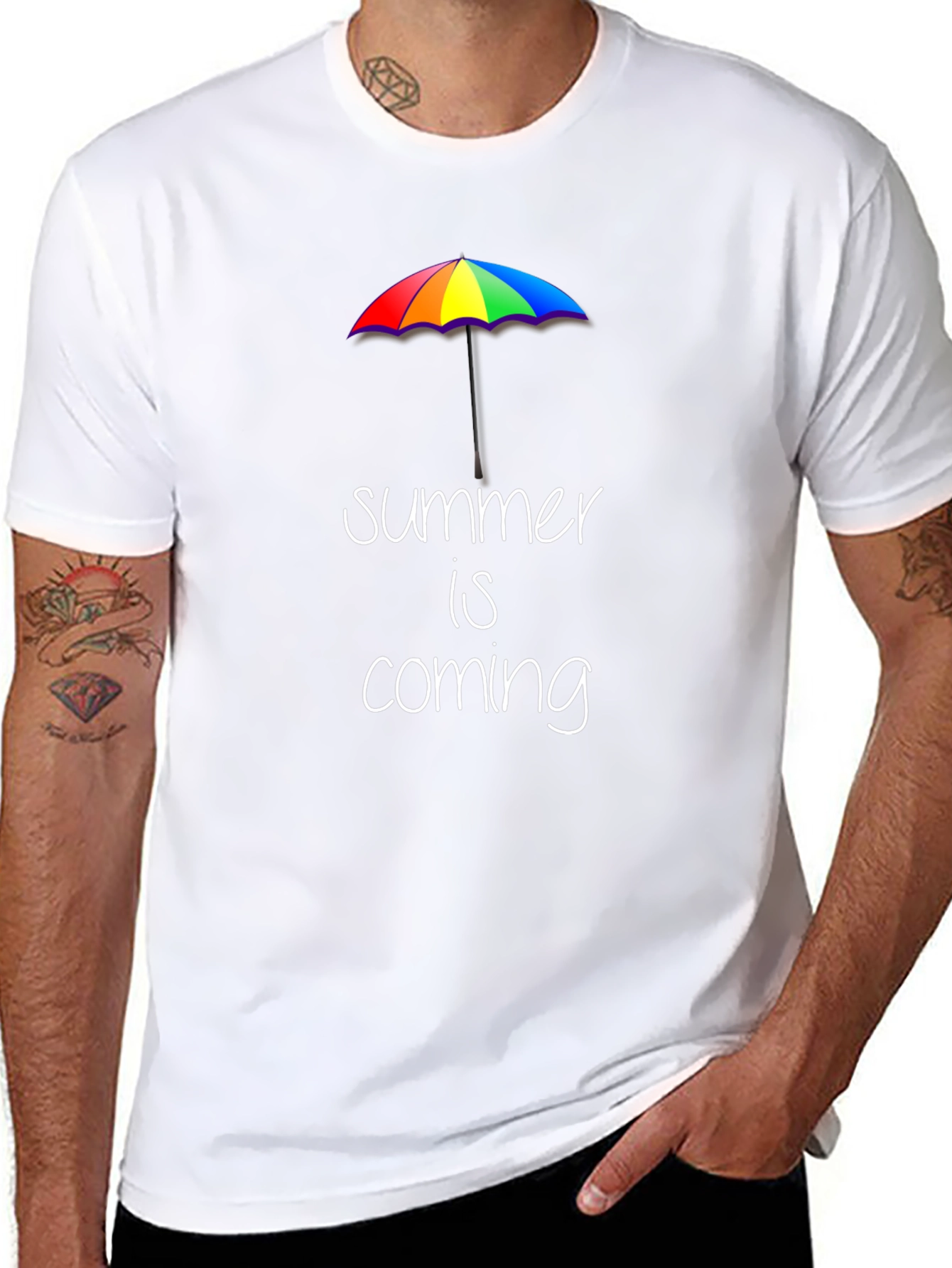 Summer is Coming T-Shirt: Rainbow Umbrella Graphic
