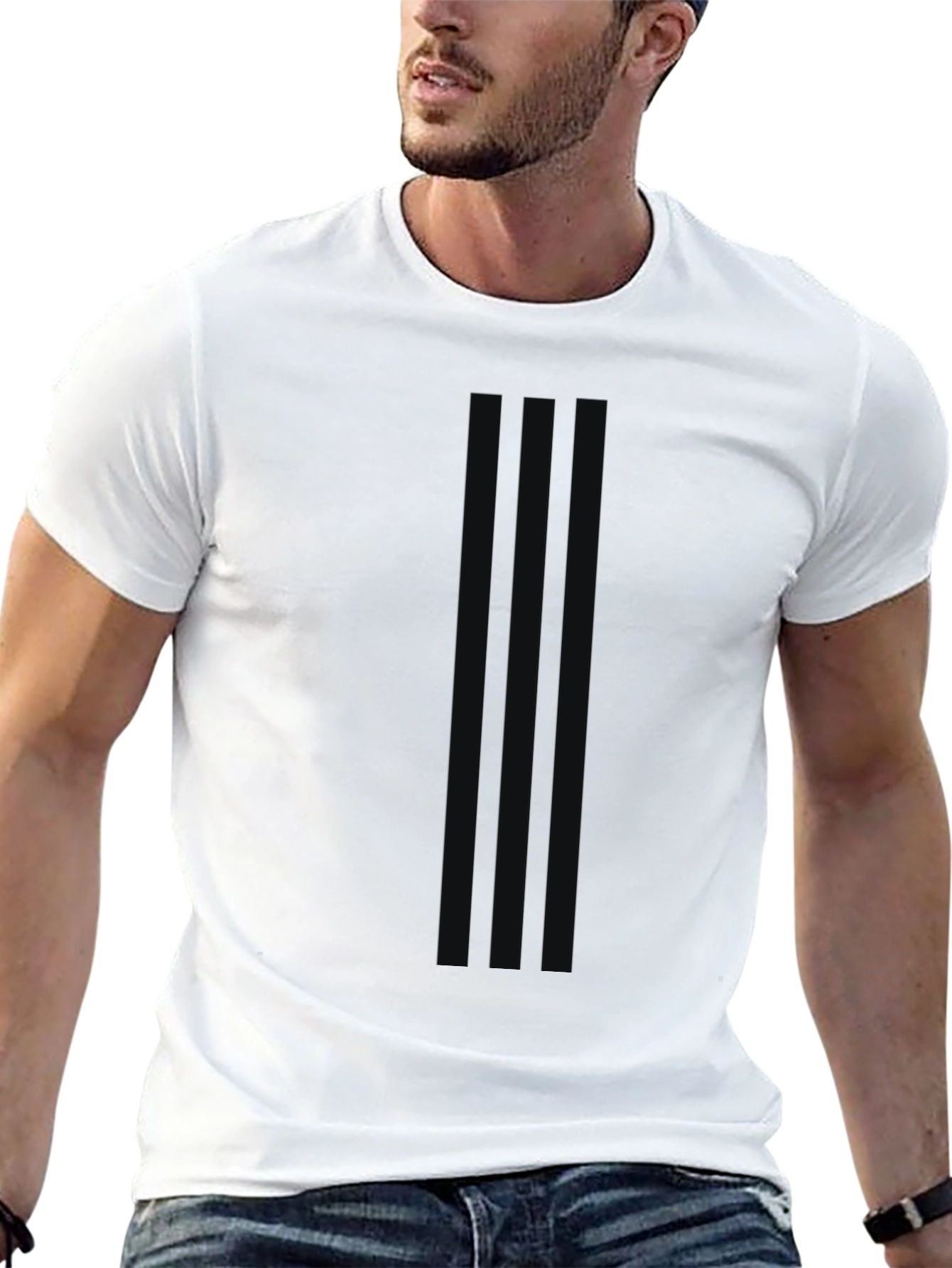 Mens Black Striped Crew Neck Tee