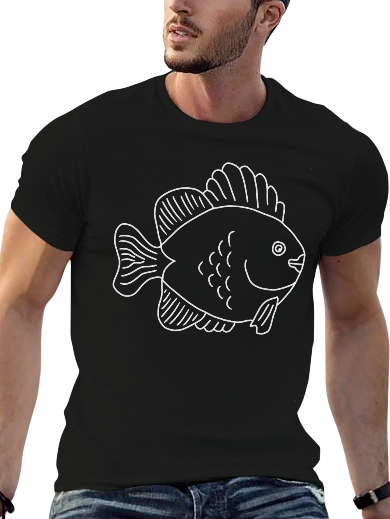 Black T-Shirt with White Fish Graphic